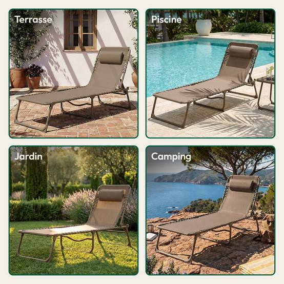 Lot de 2 Chaises Longues Pliantes taupe, inclinables CASABEL - Image 4