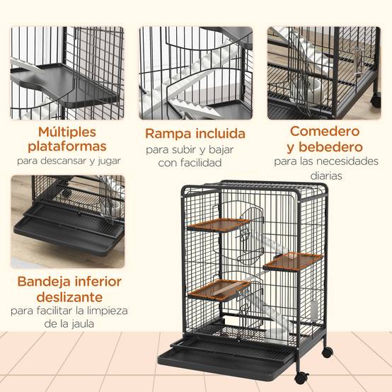 Cage pour rongeurs à roulettes, 3 plateformes, plateau amovible, mangeoire et abreuvoir, 61,5 x 44 x 95 cm, noire - Image 8