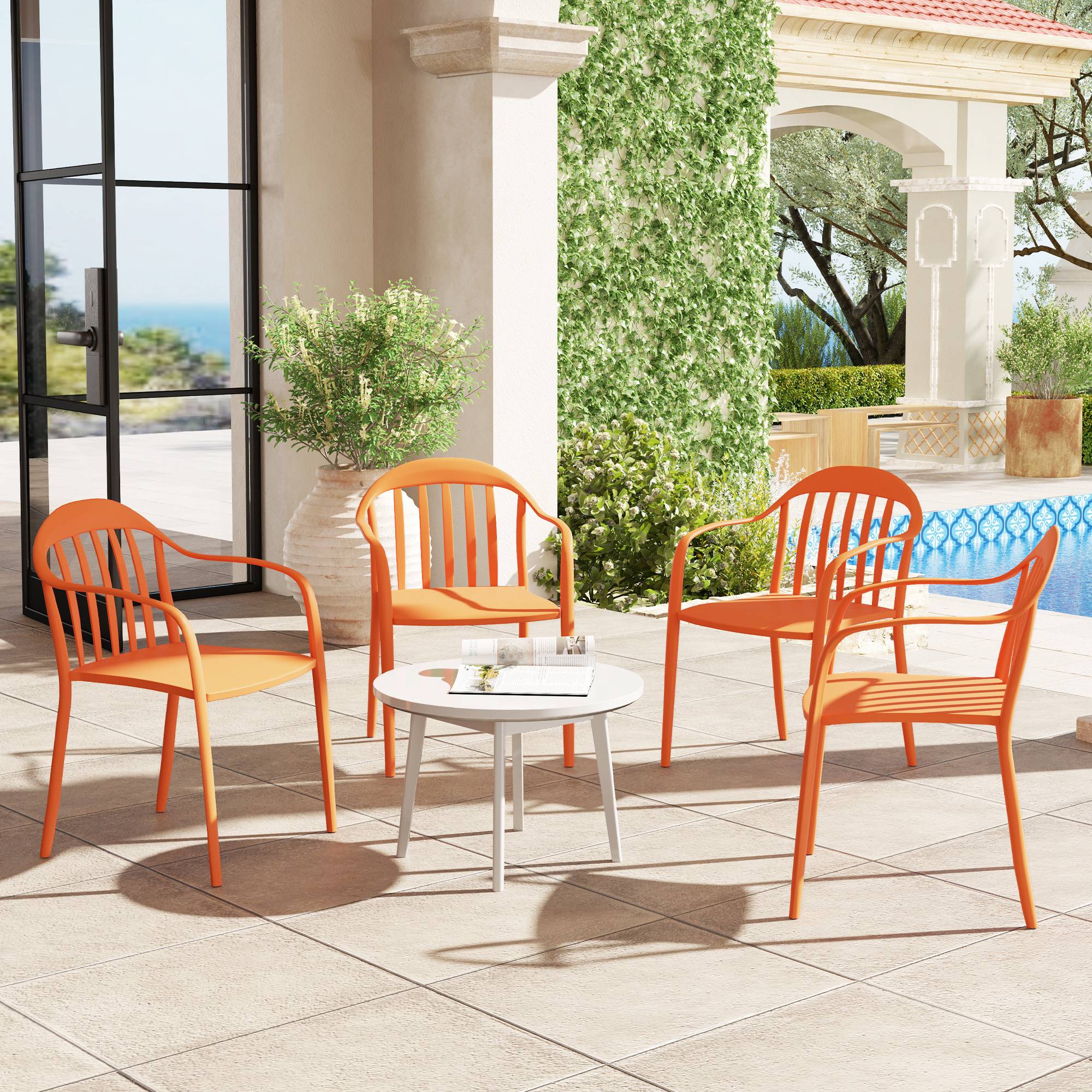Lot de 4 chaises de jardin en plastique empilables avec accoudoirs, capacité 120 kg, meubles extérieurs pratiques - Image 2