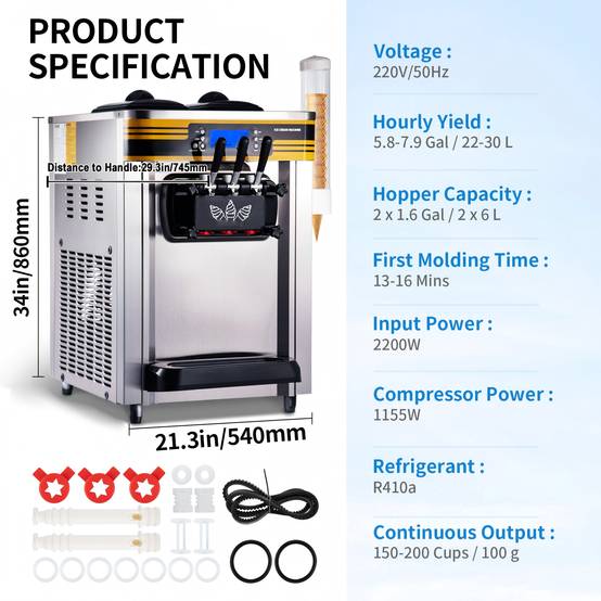 VEVOR Machine à glace italienne 22-30L/h 2350W, trémie 6L, pré-refroidissement, 3 saveurs, 1 clic décongélation. - Image 7