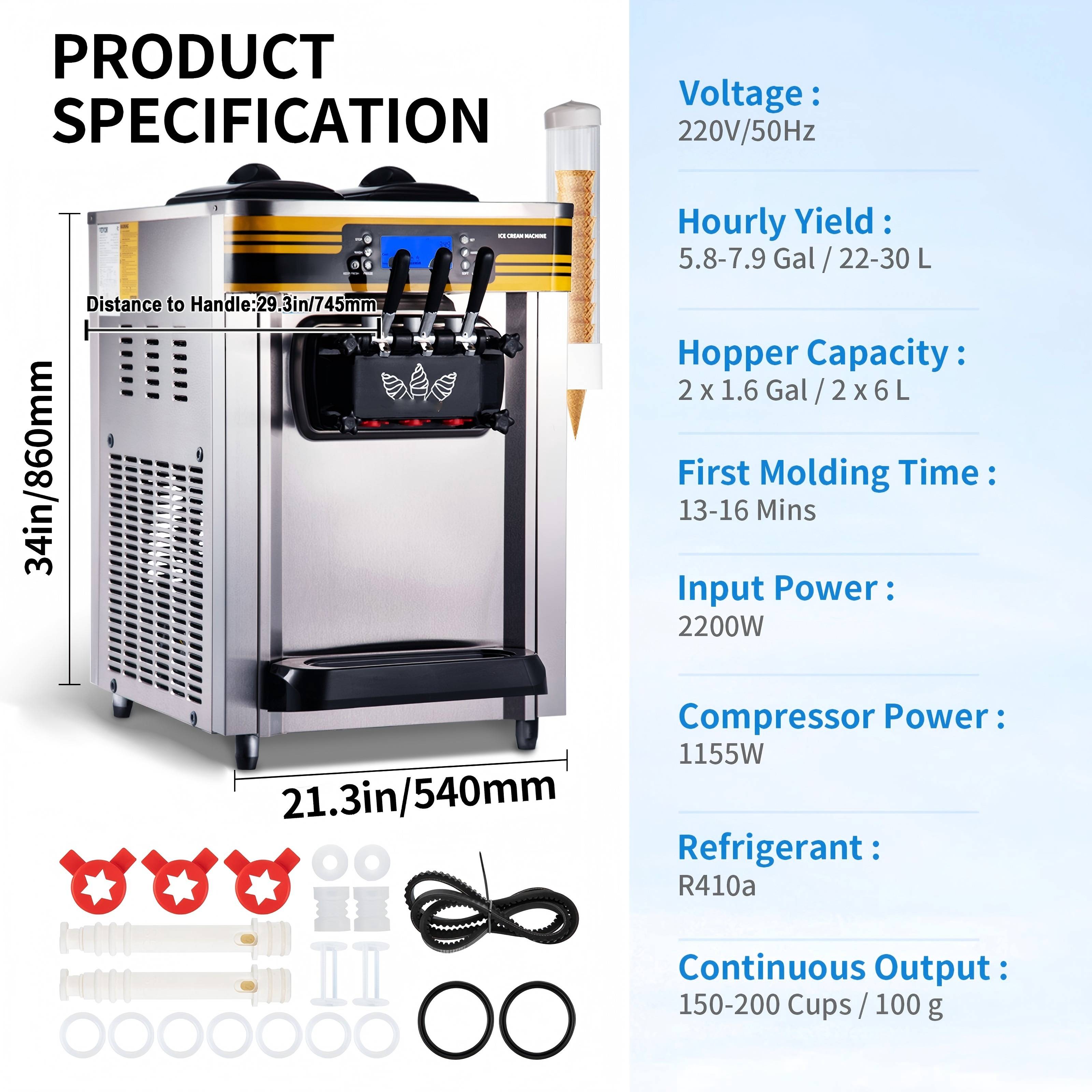 VEVOR Machine à glace italienne 22-30L/h 2350W, trémie 6L, pré-refroidissement, 3 saveurs, 1 clic décongélation. - Image 7