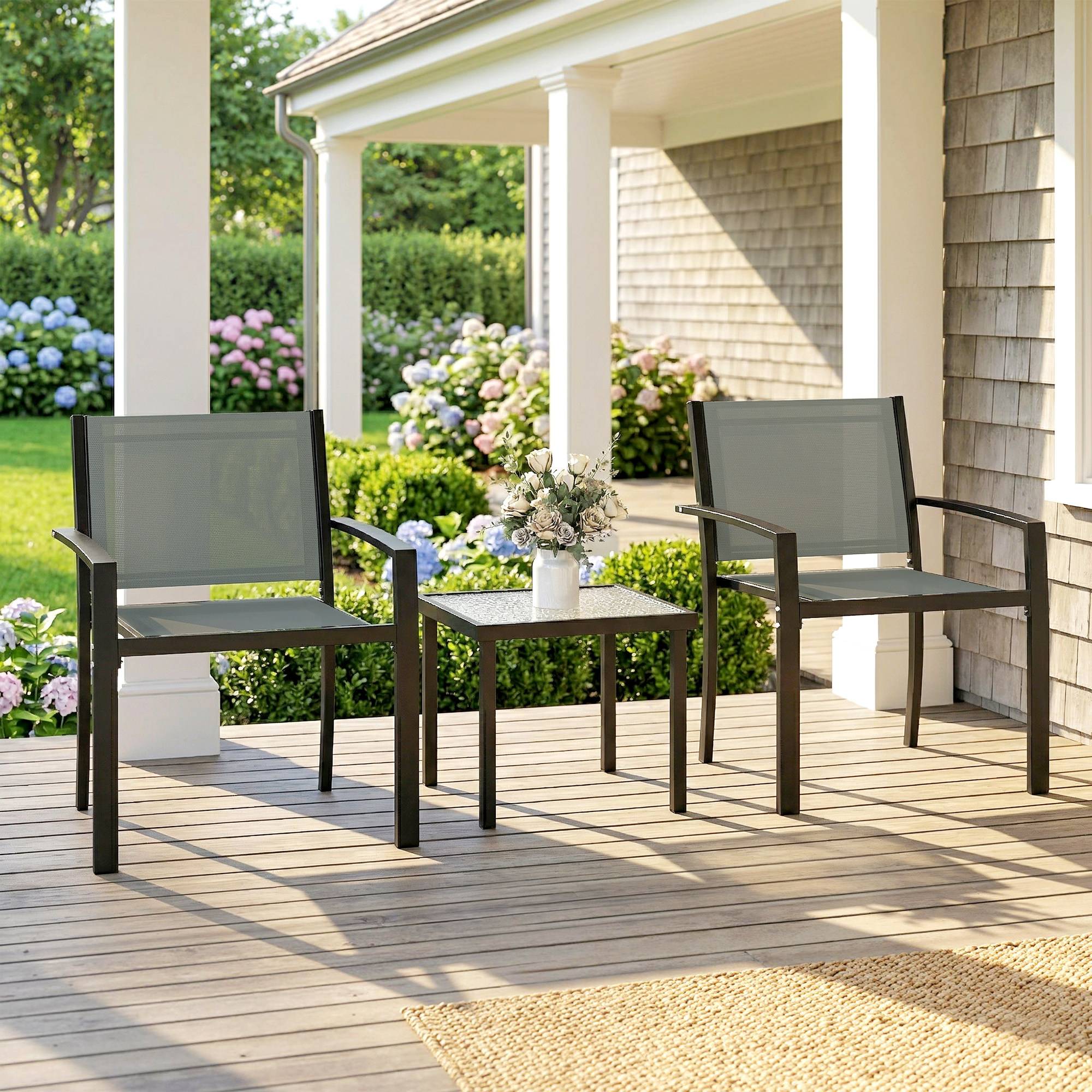 Ensemble table et chaises de terrasse extérieure 3 pièces avec 2 chaises textilène et table verre trempé gris clair - Image 4