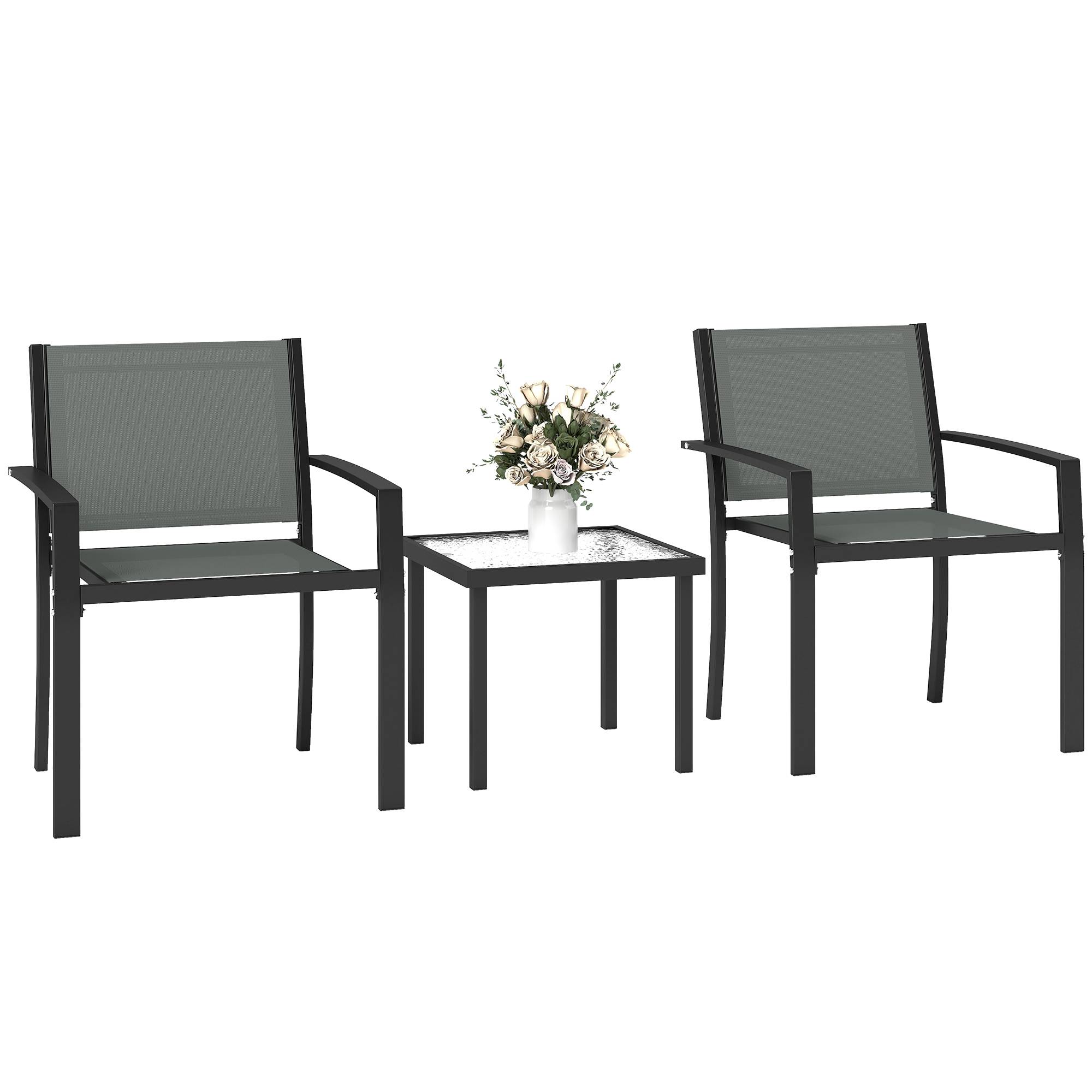 Ensemble table et chaises de terrasse extérieure 3 pièces avec 2 chaises textilène et table verre trempé gris clair - Image 2