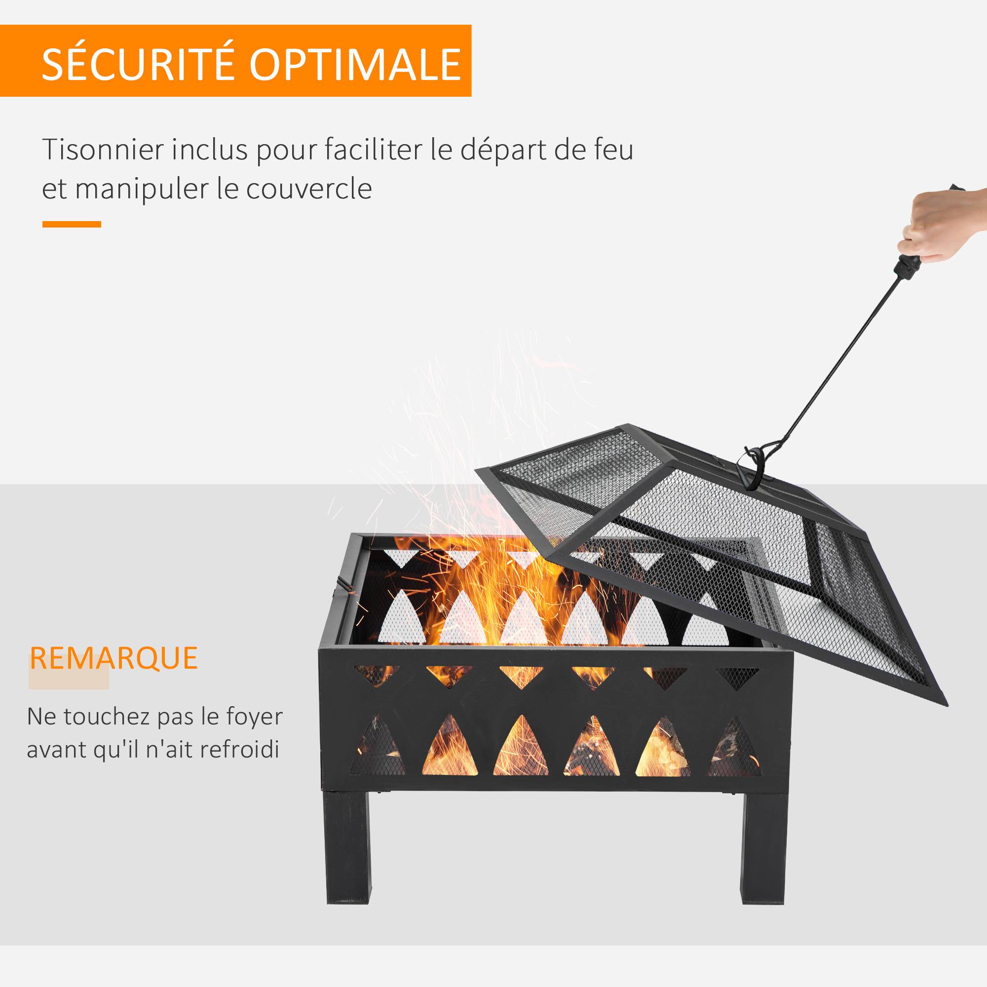 Outsunny - Brasero cheminée foyer extérieur dim. 66L x 66l x 58H cm couvercle tisonnier métal noir - Outsunny - Image 4