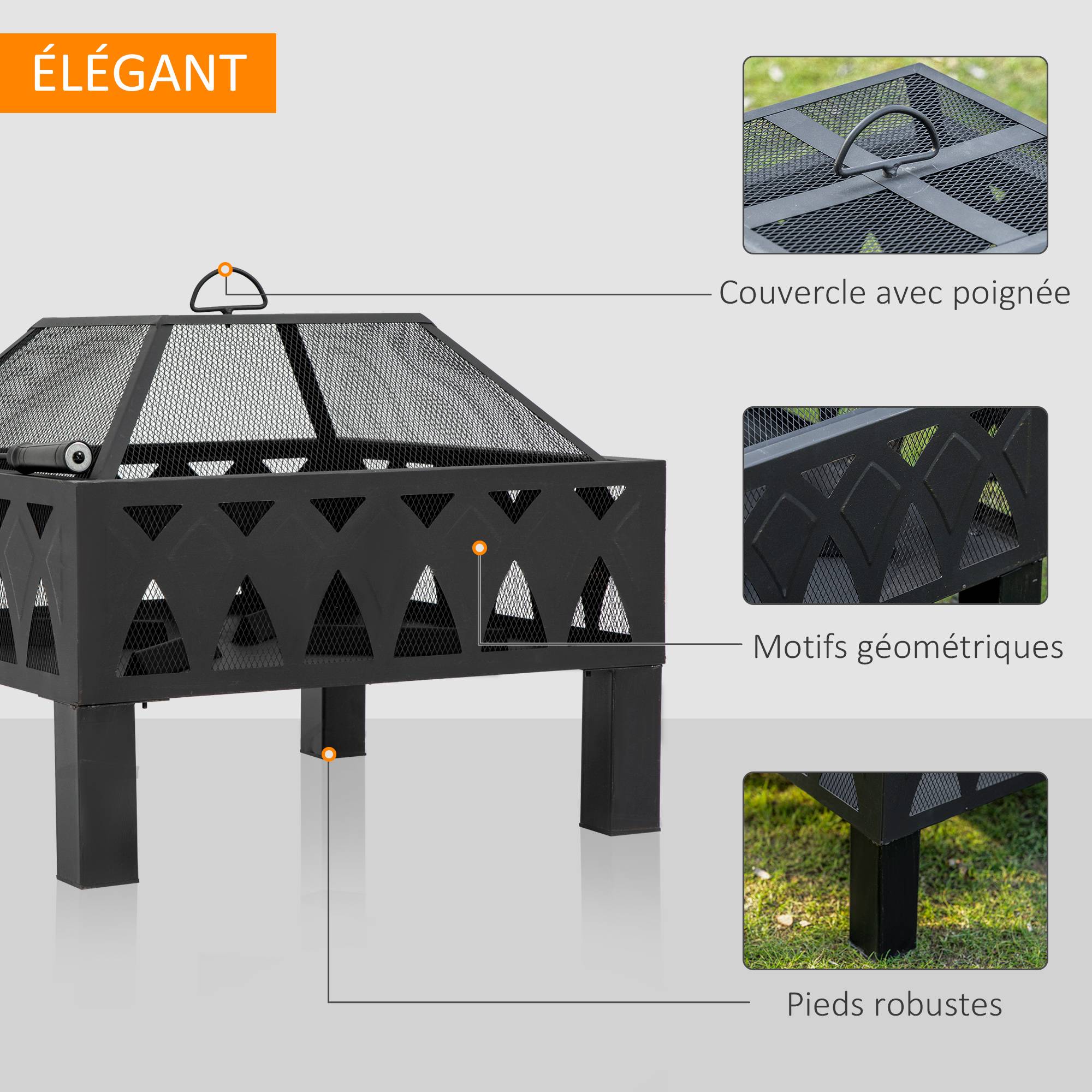 Outsunny - Brasero cheminée foyer extérieur dim. 66L x 66l x 58H cm couvercle tisonnier métal noir - Outsunny - Image 5