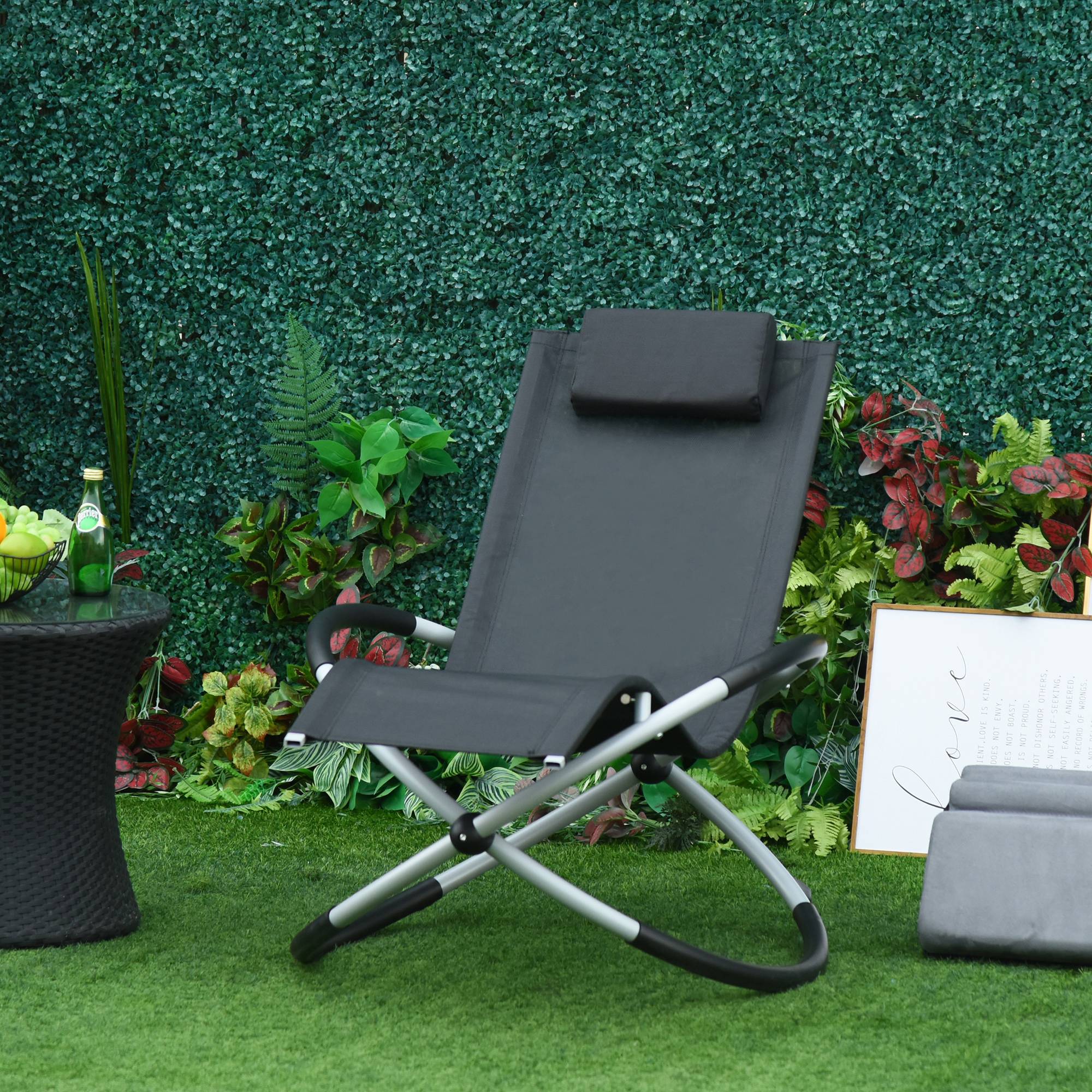 Chaise Longue à Bascule Pliable Rocking Chair avec Matelas revêtement Aspect Daim métal textilène Gris Noir - Image 3