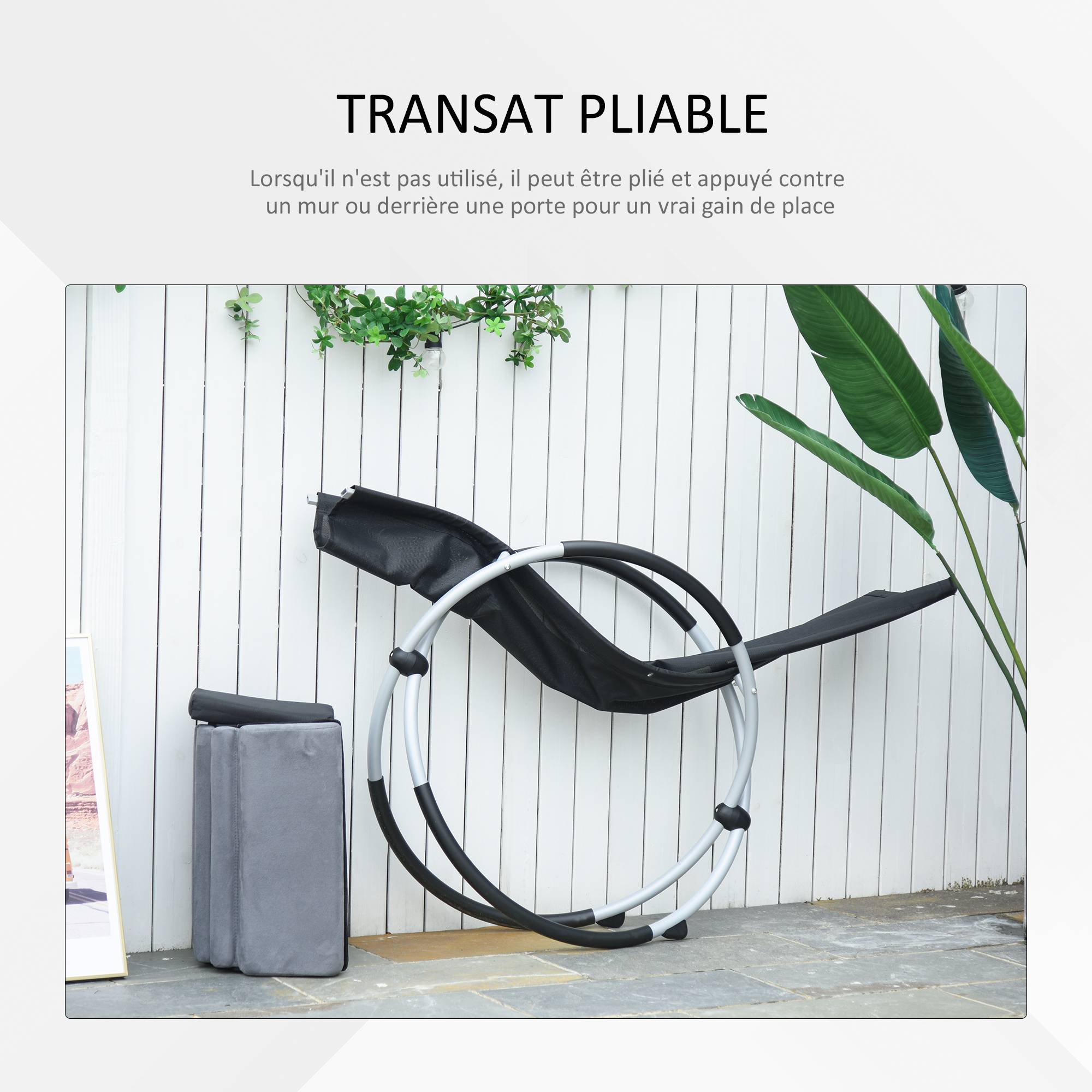 Chaise Longue à Bascule Pliable Rocking Chair avec Matelas revêtement Aspect Daim métal textilène Gris Noir - Image 6