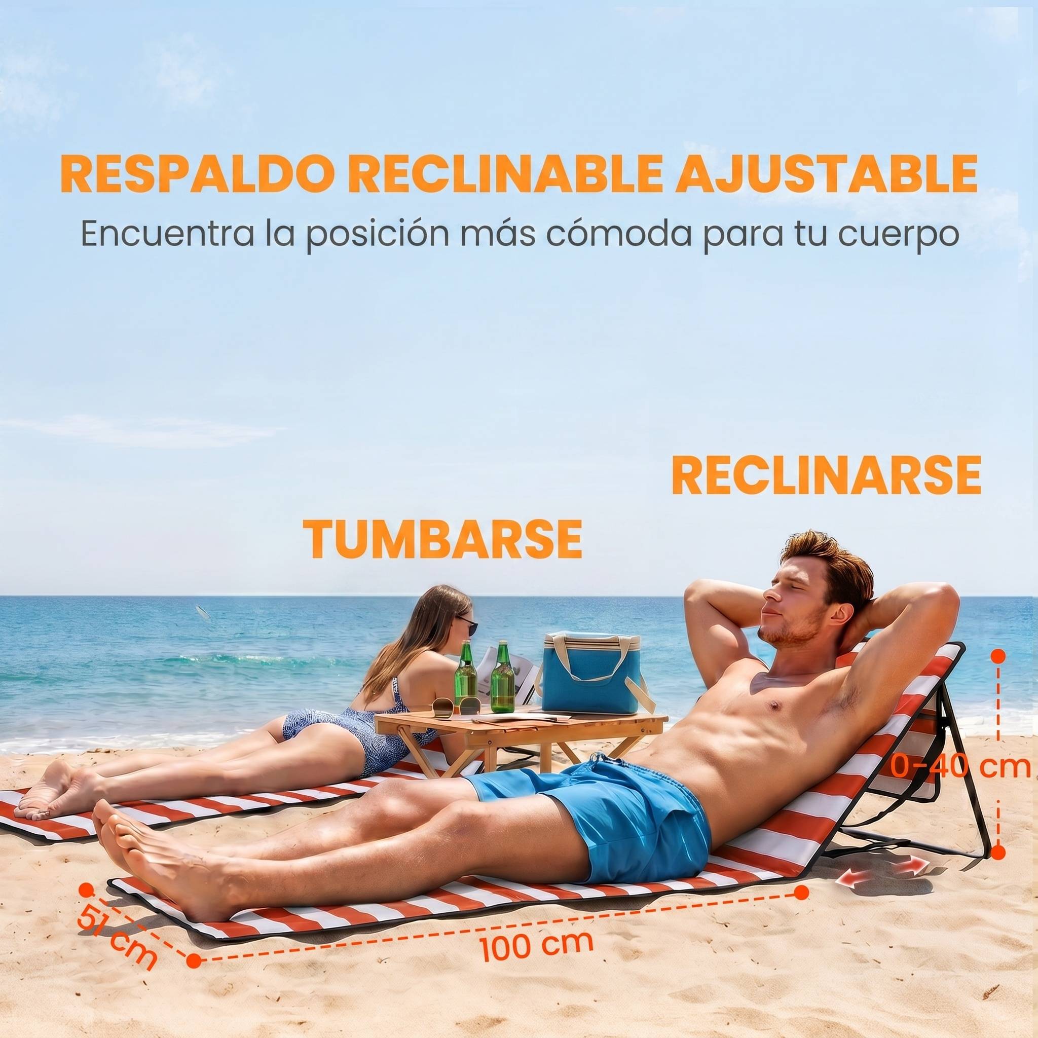 Lot de 2 tapis de plage pliables avec dossier inclinable et sangle de transport 142 x 51 x 40 cm Rouge et blanc - Image 7