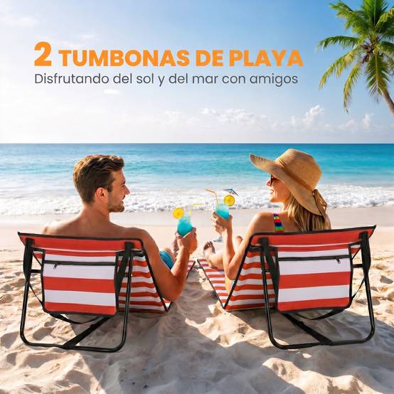 Lot de 2 tapis de plage pliables avec dossier inclinable et sangle de transport 142 x 51 x 40 cm Rouge et blanc - Image 6