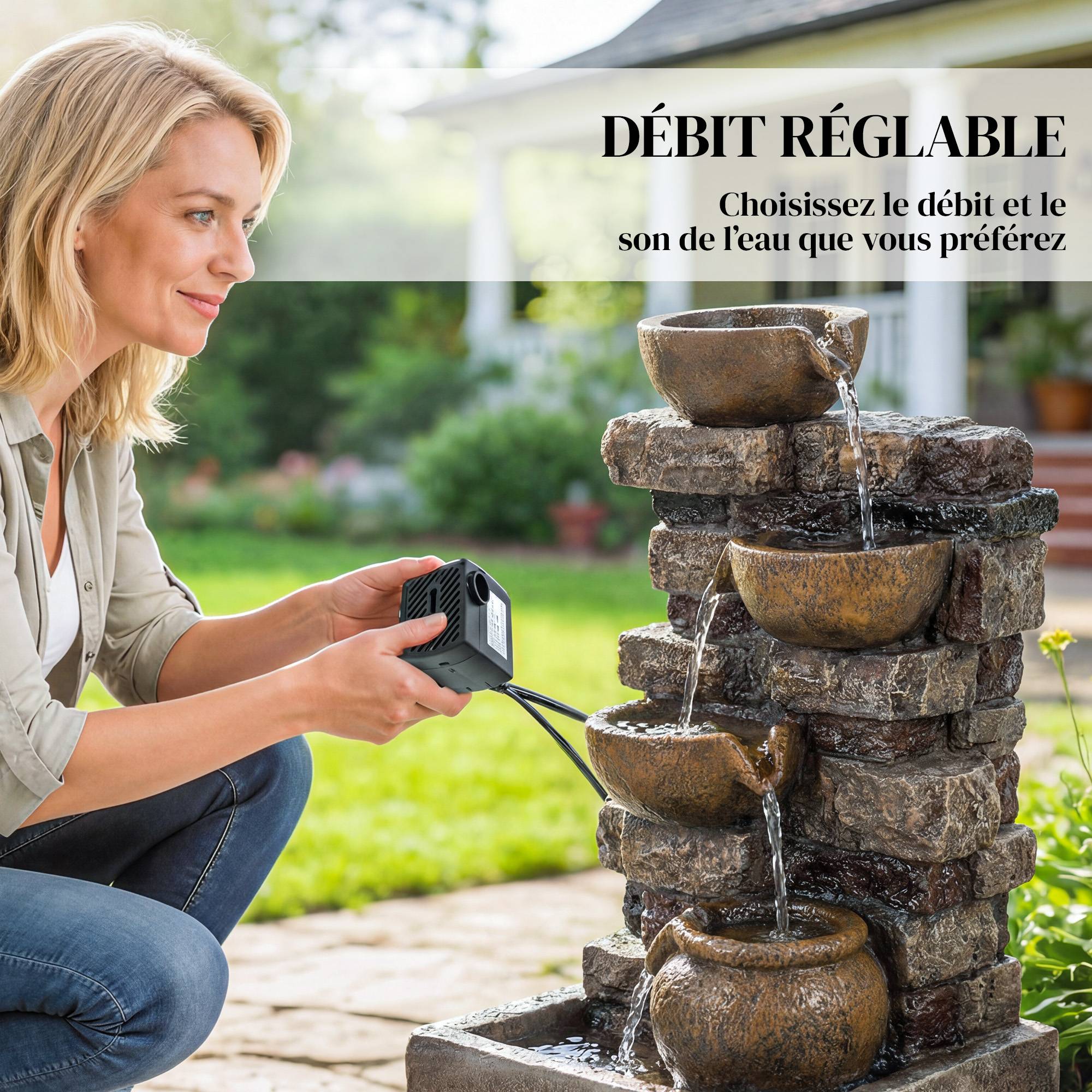 Fontaine Extérieure avec 5 Niveaux de Pichets Rustiques et Design Roche, Cascade avec Lumières LED, Marron Rustique - Image 8