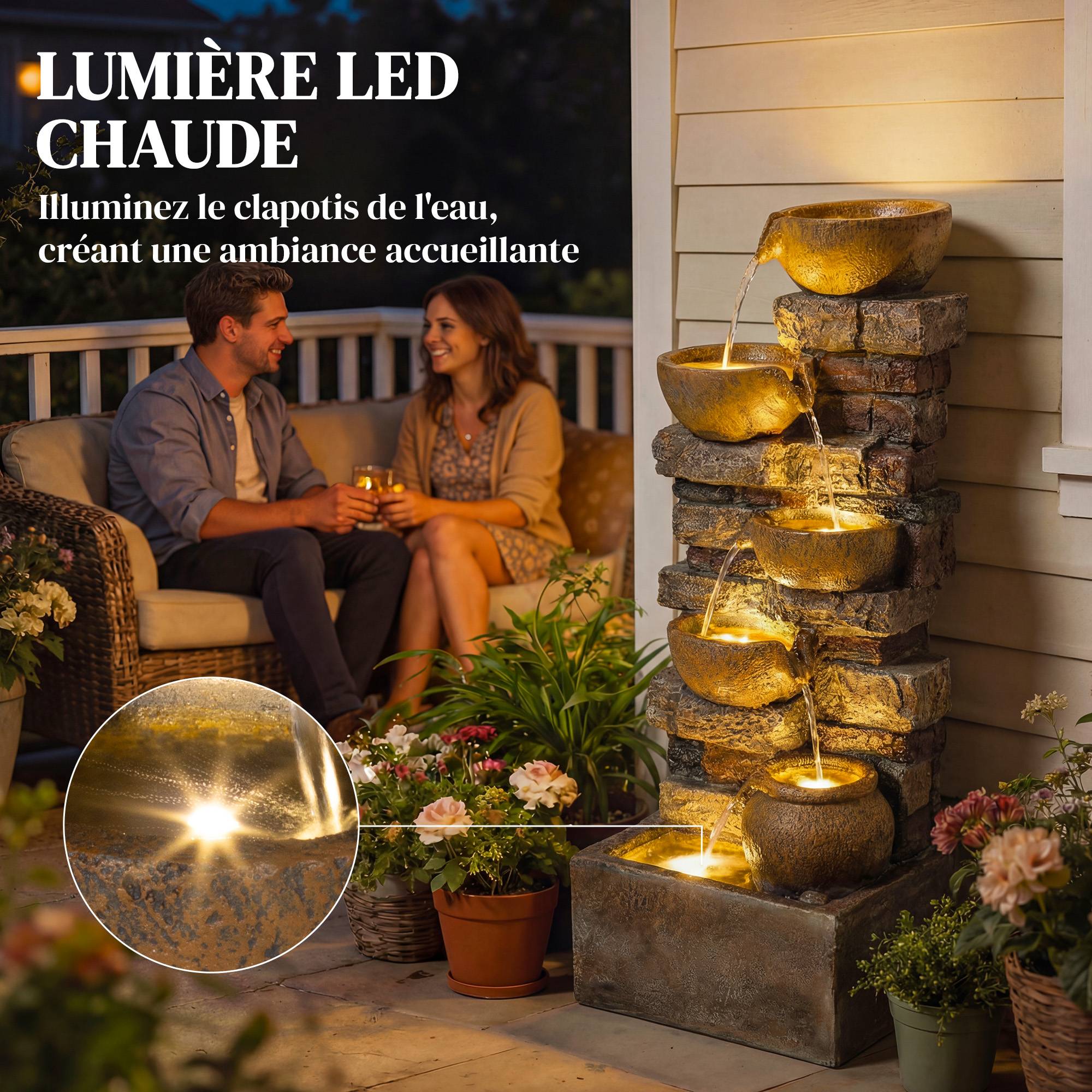Fontaine Extérieure avec 5 Niveaux de Pichets Rustiques et Design Roche, Cascade avec Lumières LED, Marron Rustique - Image 7