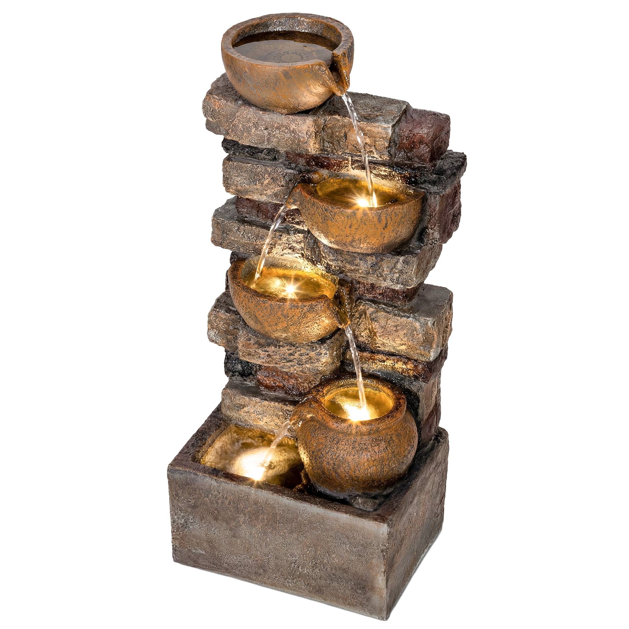 Fontaine Extérieure avec 5 Niveaux de Pichets Rustiques et Design Roche, Cascade avec Lumières LED, Marron Rustique - Image 2