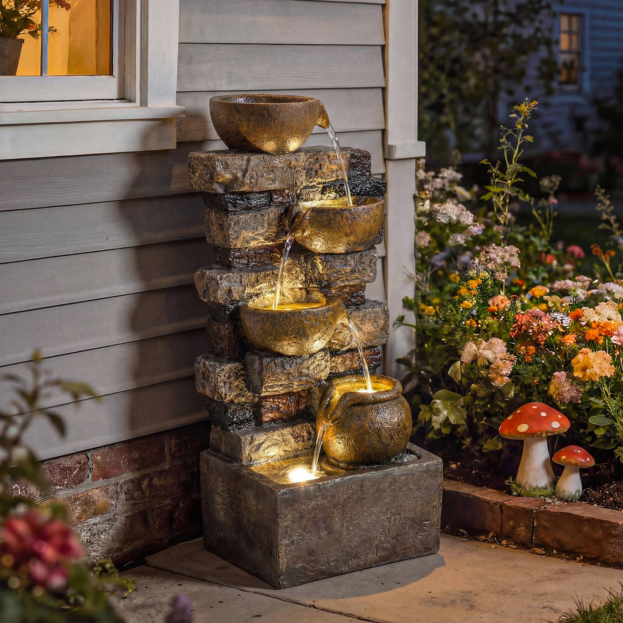 Fontaine Extérieure avec 5 Niveaux de Pichets Rustiques et Design Roche, Cascade avec Lumières LED, Marron Rustique - Image 4