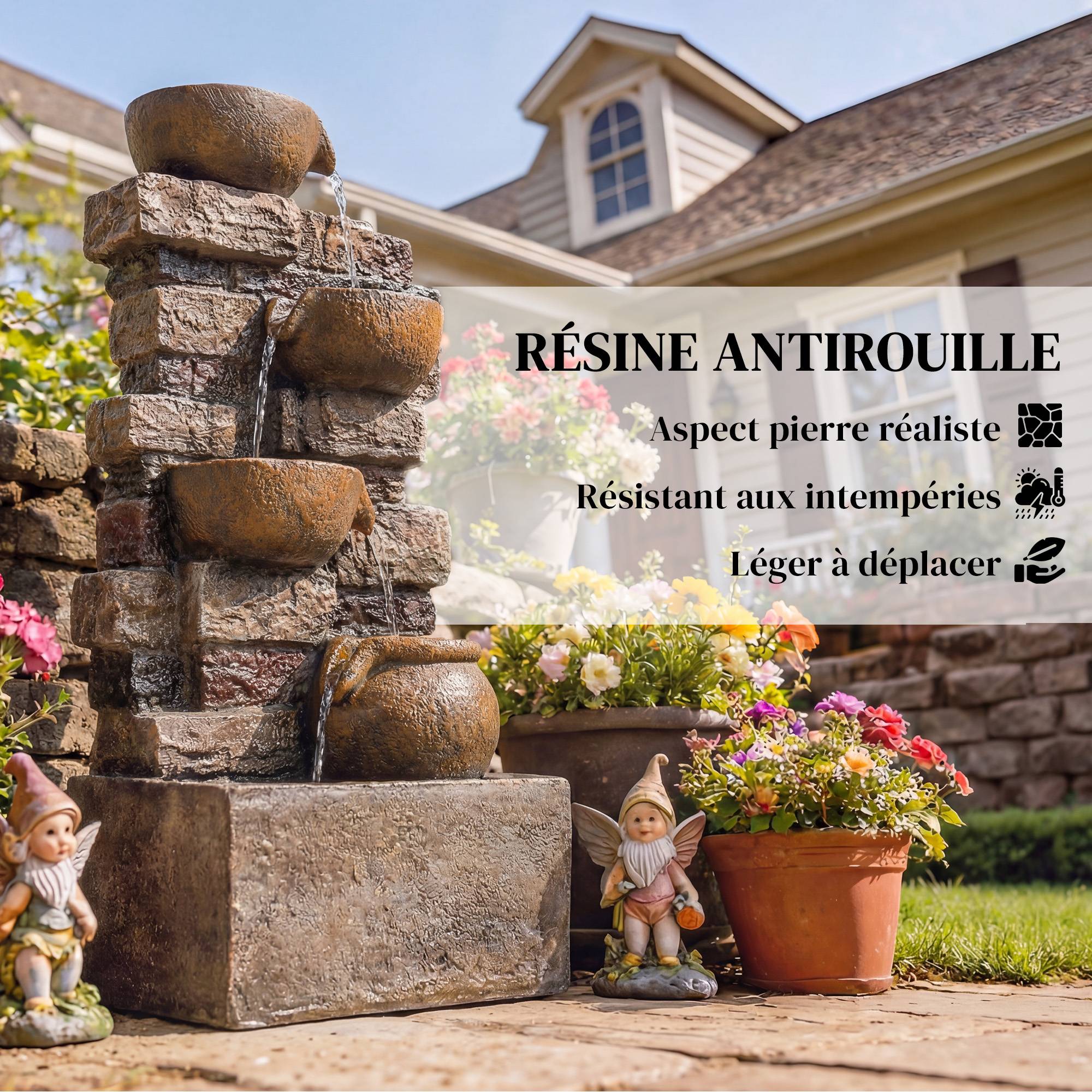 Fontaine Extérieure avec 5 Niveaux de Pichets Rustiques et Design Roche, Cascade avec Lumières LED, Marron Rustique - Image 9