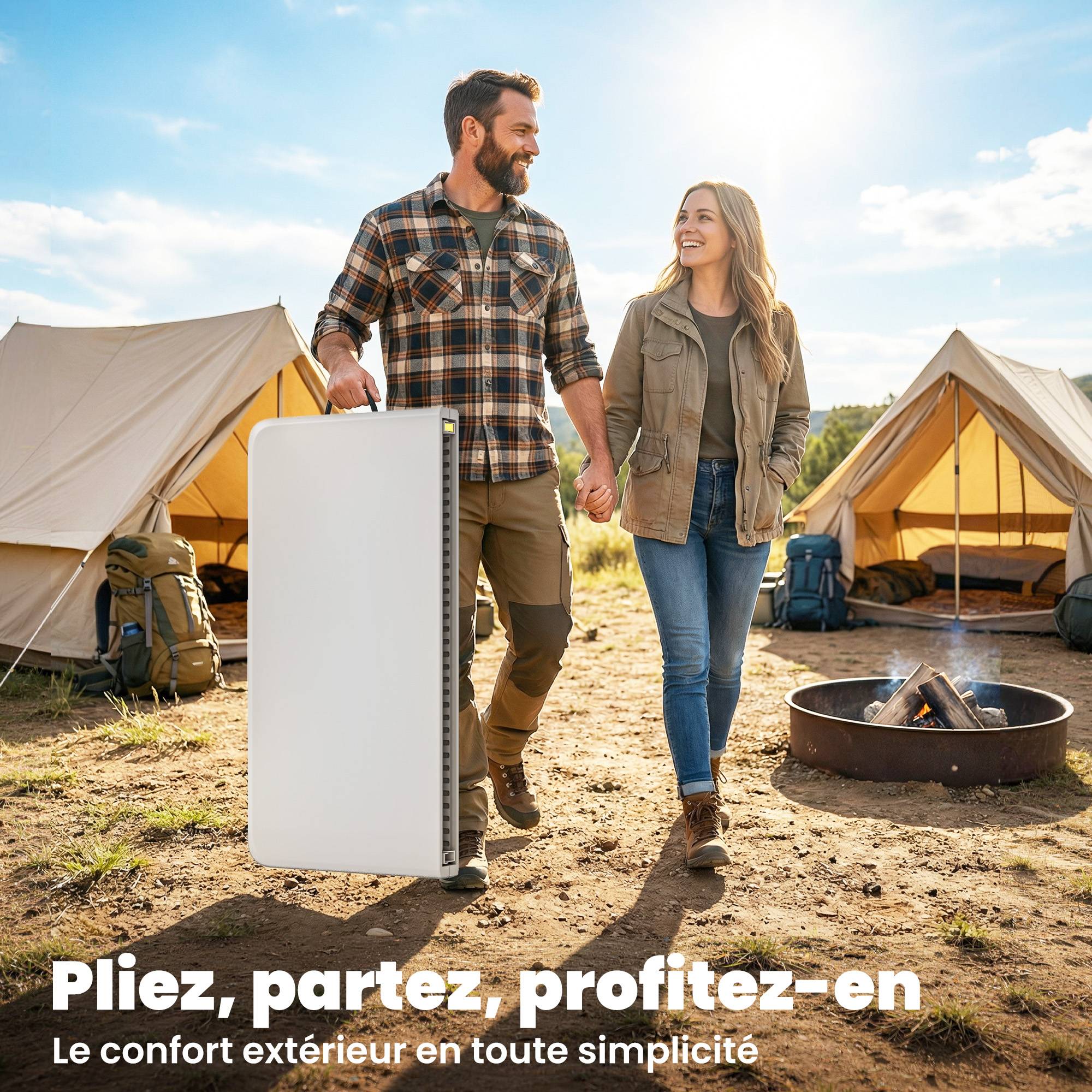ComfortXL - Table pliante camping HDPE métal jardin repas hauteur réglable 86 x 86 x 74 cm blanche - ComfortXL Outdoor Living - Image 7