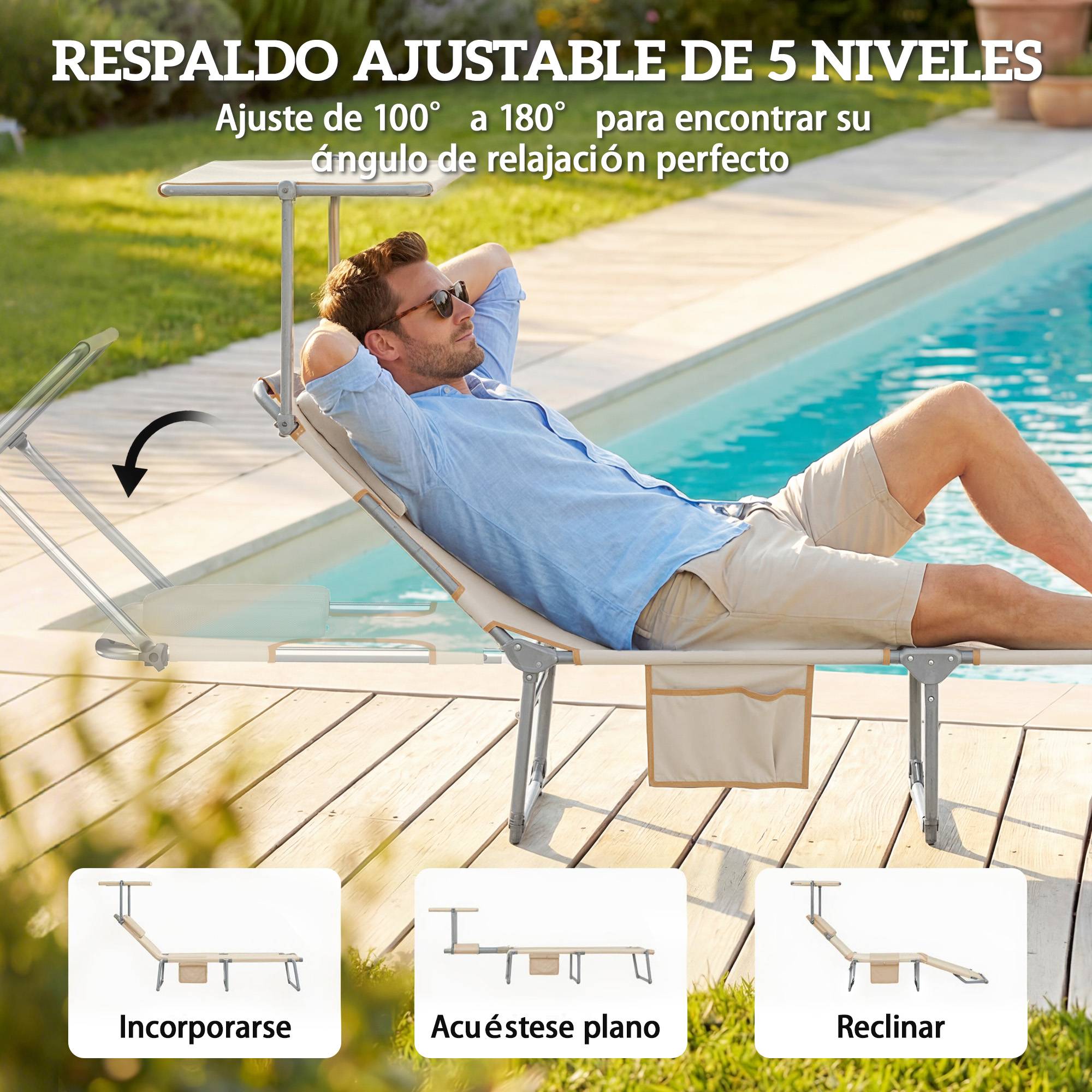 Ensemble de 2 chaises longues pliantes inclinables avec auvent à 360°, ouverture pour le visage, poche latérale et tissu Textilène 550 g/m², beige - Image 8