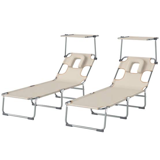 Ensemble de 2 chaises longues pliantes inclinables avec auvent à 360°, ouverture pour le visage, poche latérale et tissu Textilène 550 g/m², beige - Image 2
