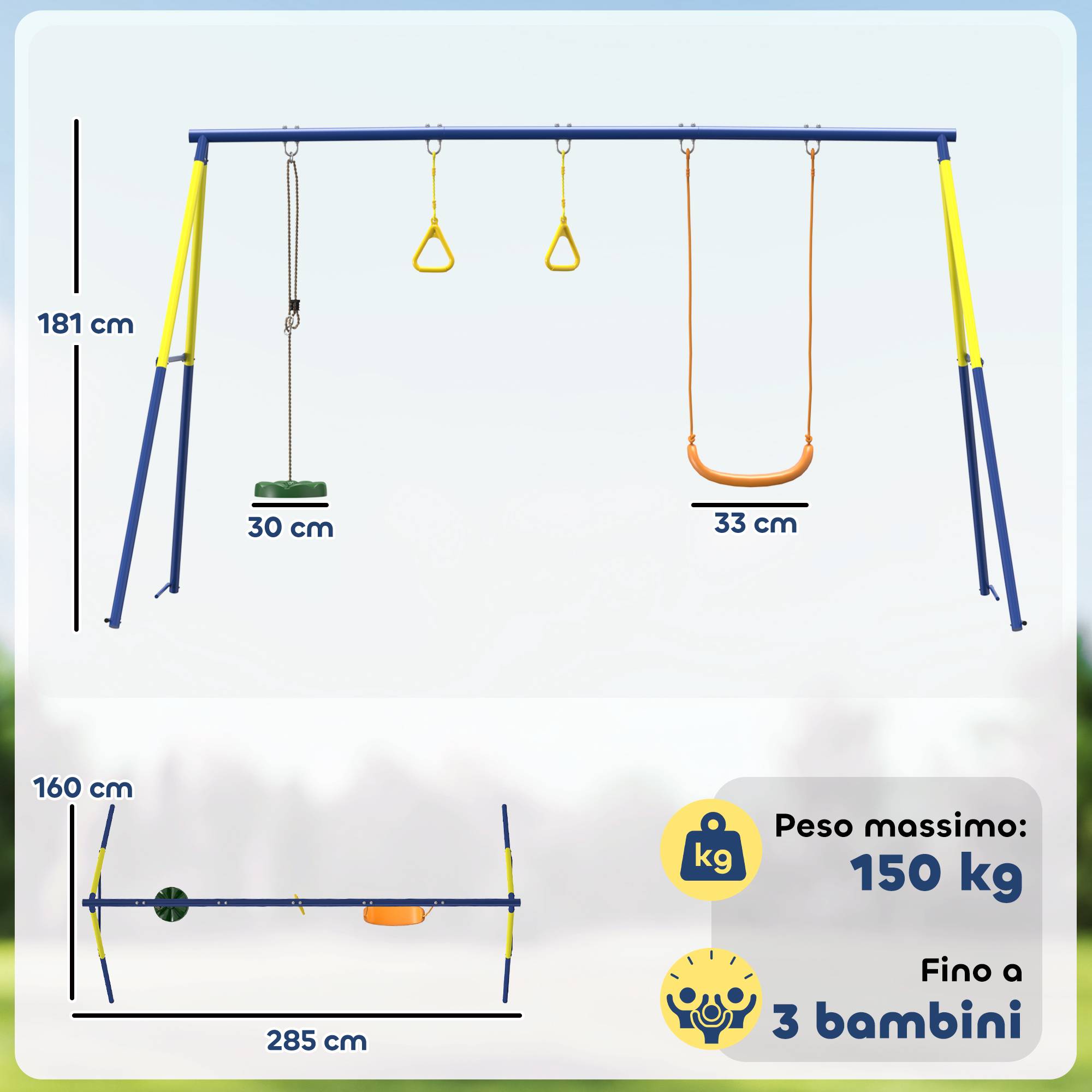 Balançoire de jardin 3 en 1 pour enfants de 3 à 8 ans, en acier et PE, 285 x 160 x 181 cm, multicolore - Image 4