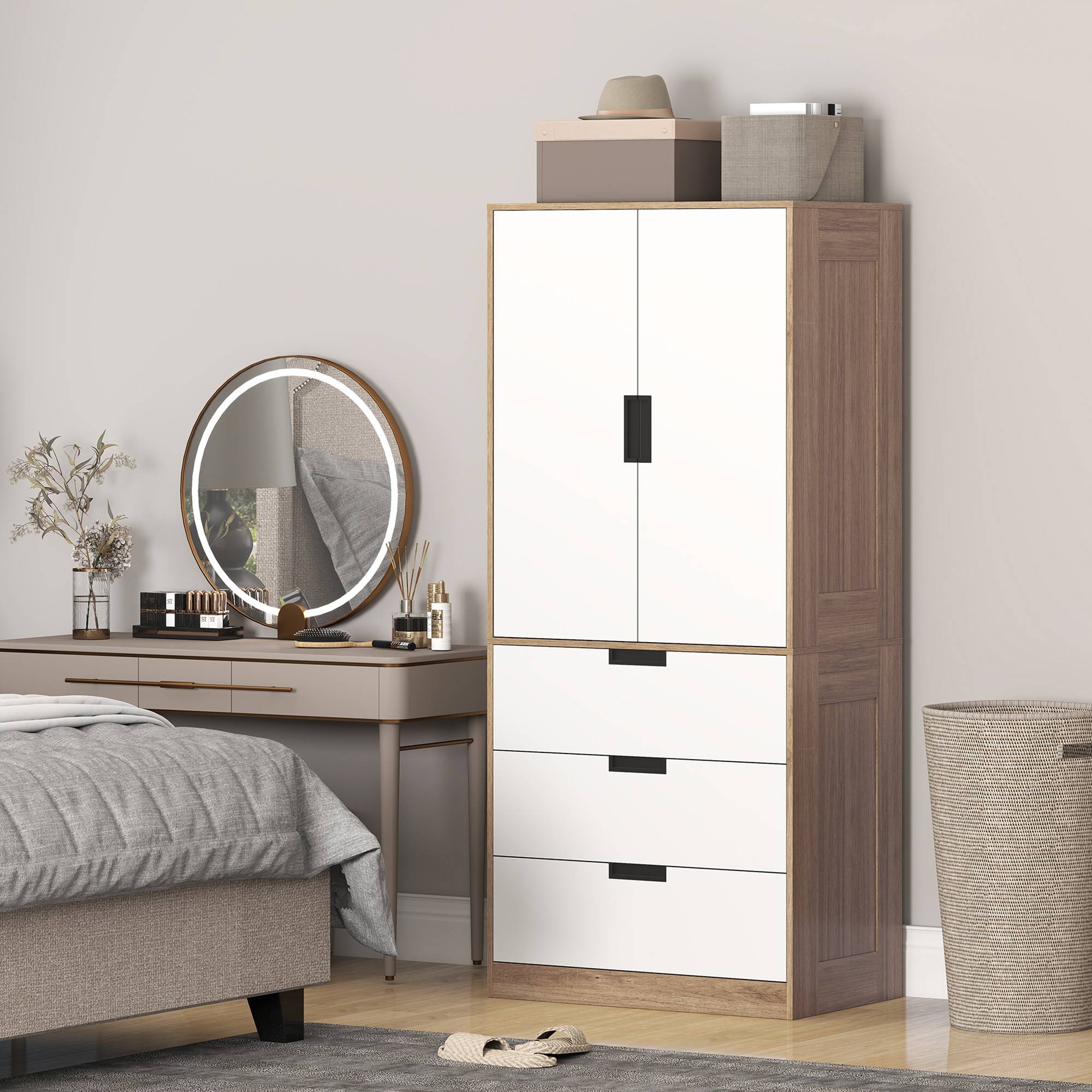 Sans Marque - Armoire 2 portes, armoire moderne avec 3 tiroirs et tringle de suspension pour chambre à coucher, marron - Image 10