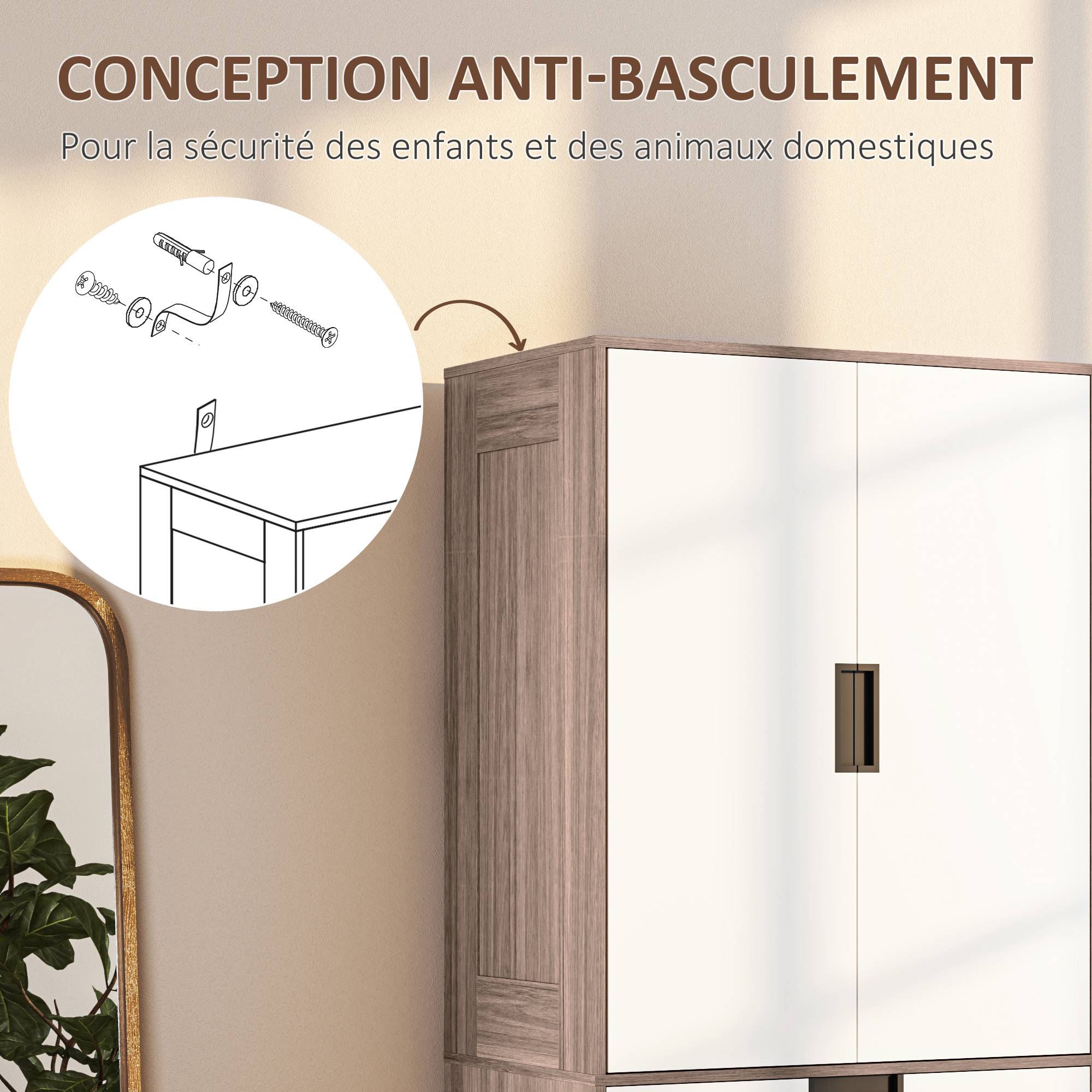 Sans Marque - Armoire 2 portes, armoire moderne avec 3 tiroirs et tringle de suspension pour chambre à coucher, marron - Image 8