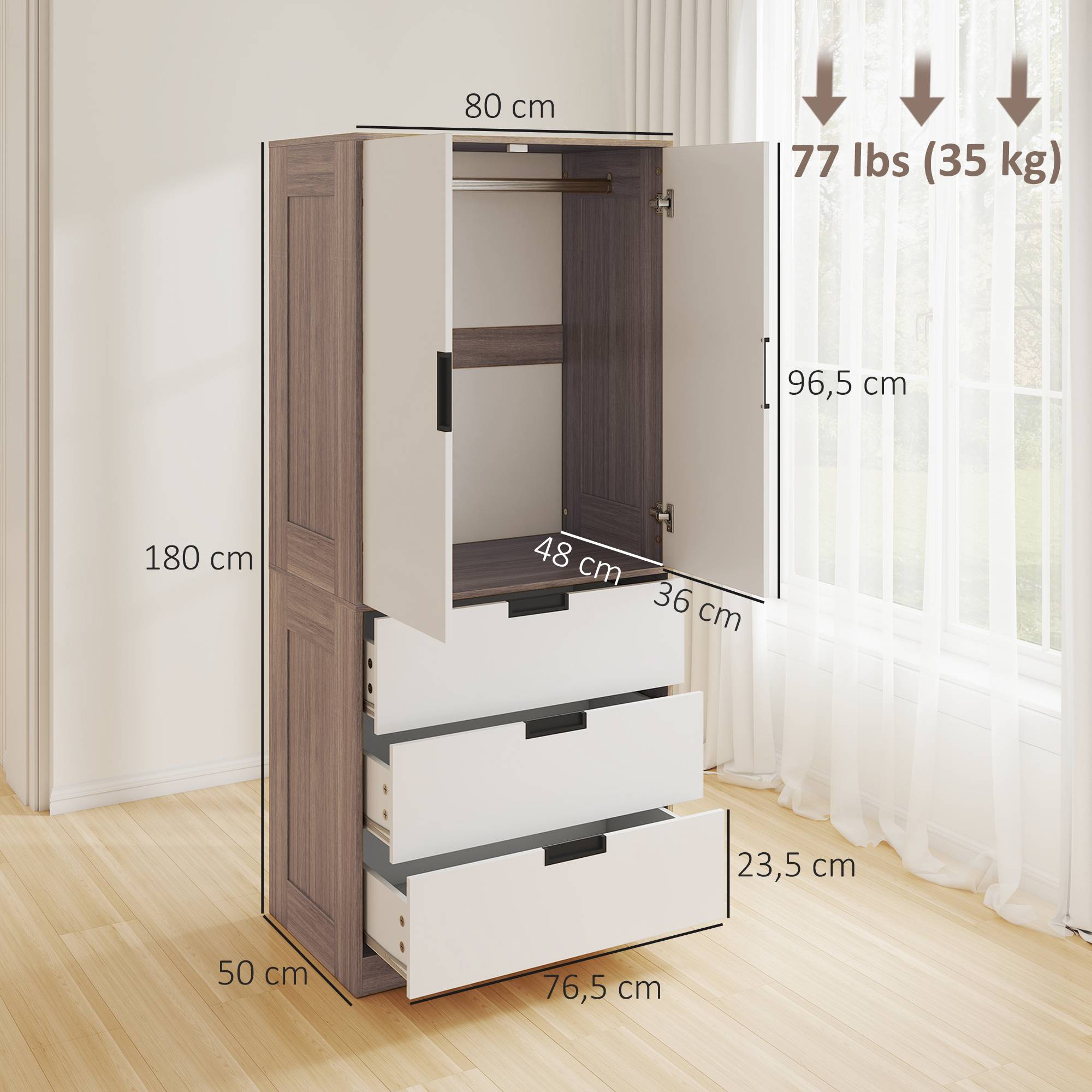 Sans Marque - Armoire 2 portes, armoire moderne avec 3 tiroirs et tringle de suspension pour chambre à coucher, marron - Image 5