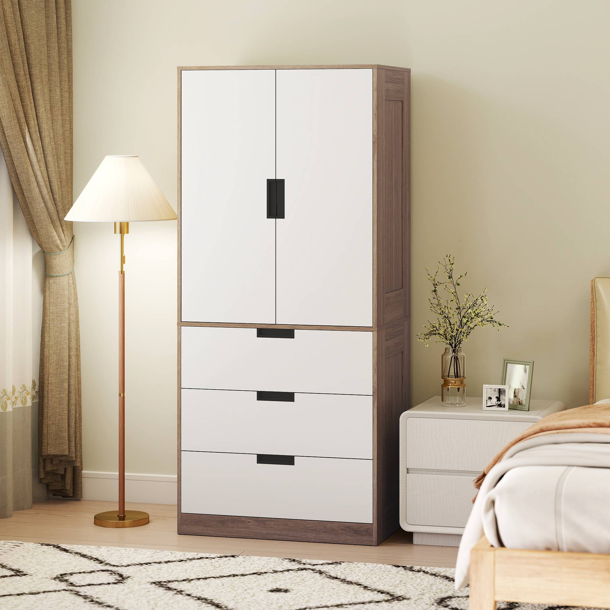Sans Marque - Armoire 2 portes, armoire moderne avec 3 tiroirs et tringle de suspension pour chambre à coucher, marron - Image 3