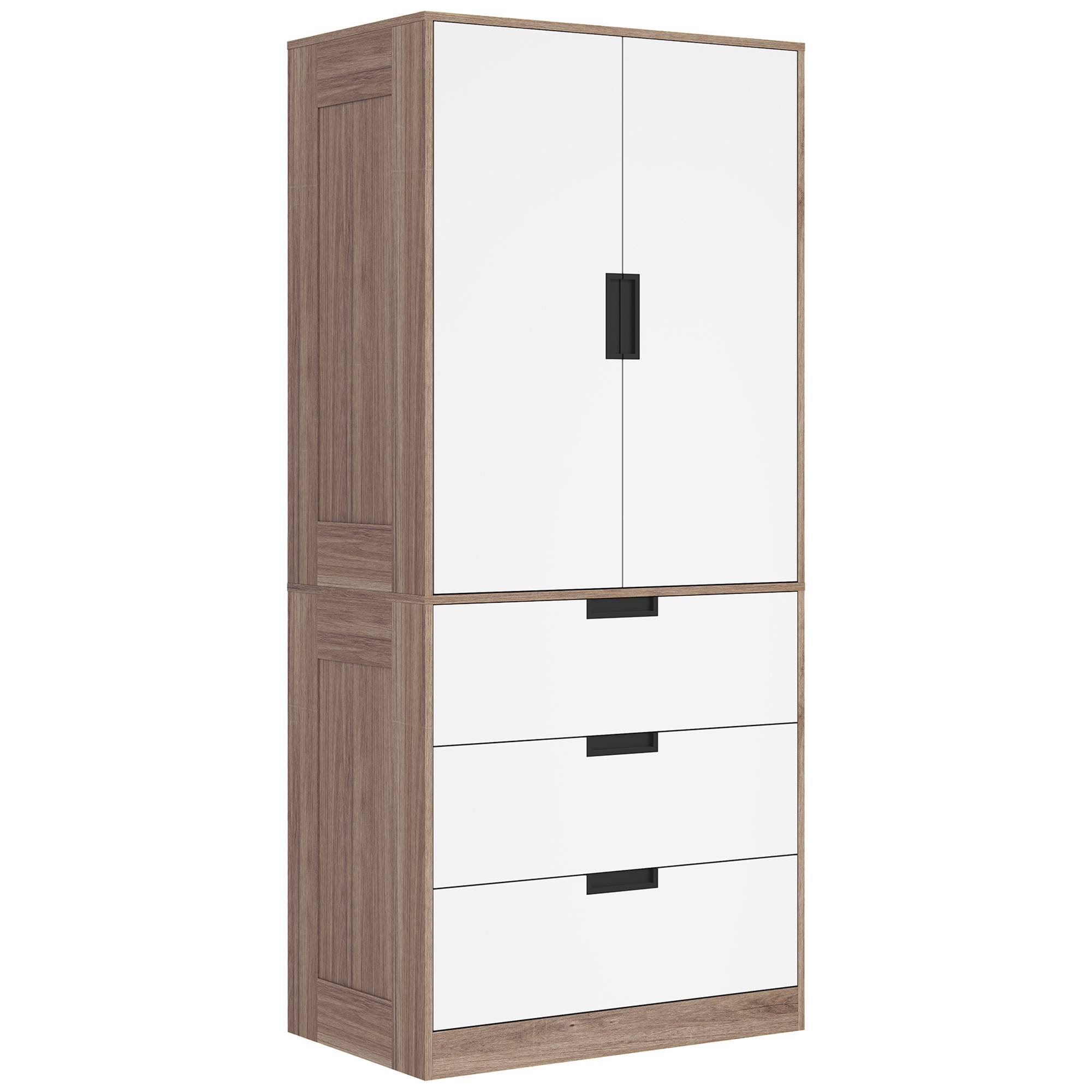 Sans Marque - Armoire 2 portes, armoire moderne avec 3 tiroirs et tringle de suspension pour chambre à coucher, marron - Image 1