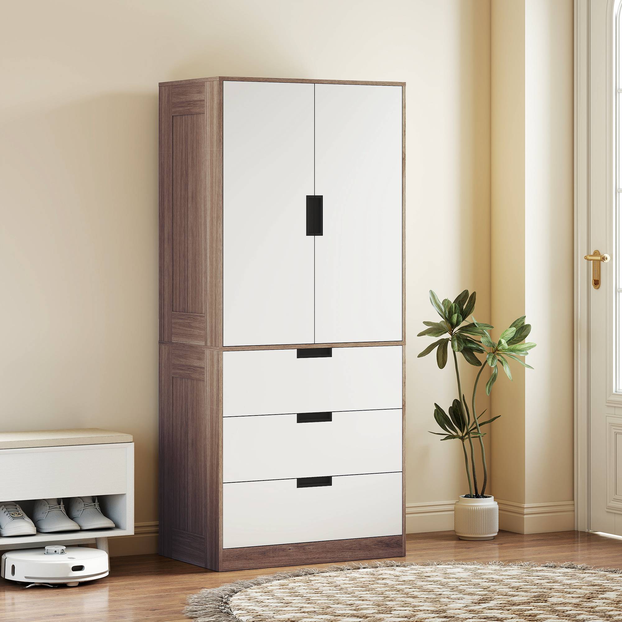 Sans Marque - Armoire 2 portes, armoire moderne avec 3 tiroirs et tringle de suspension pour chambre à coucher, marron - Image 4