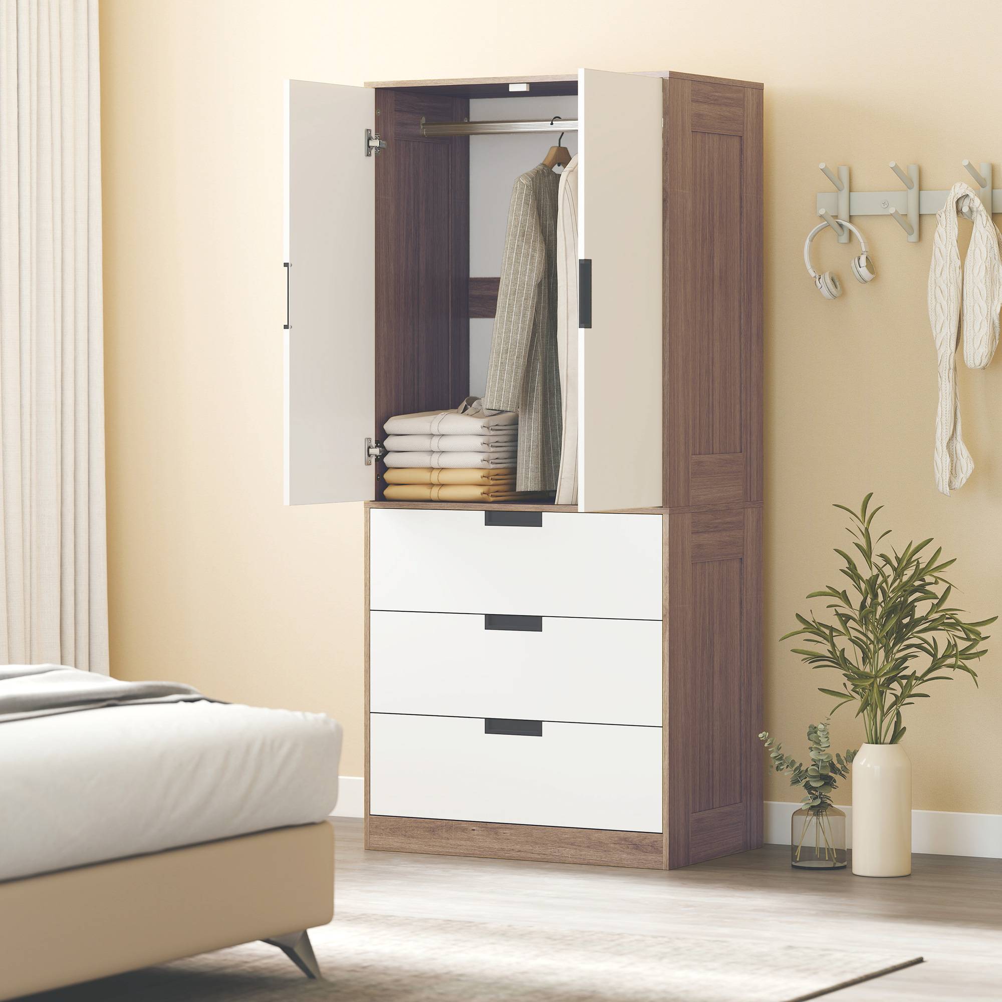 Sans Marque - Armoire 2 portes, armoire moderne avec 3 tiroirs et tringle de suspension pour chambre à coucher, marron - Image 9