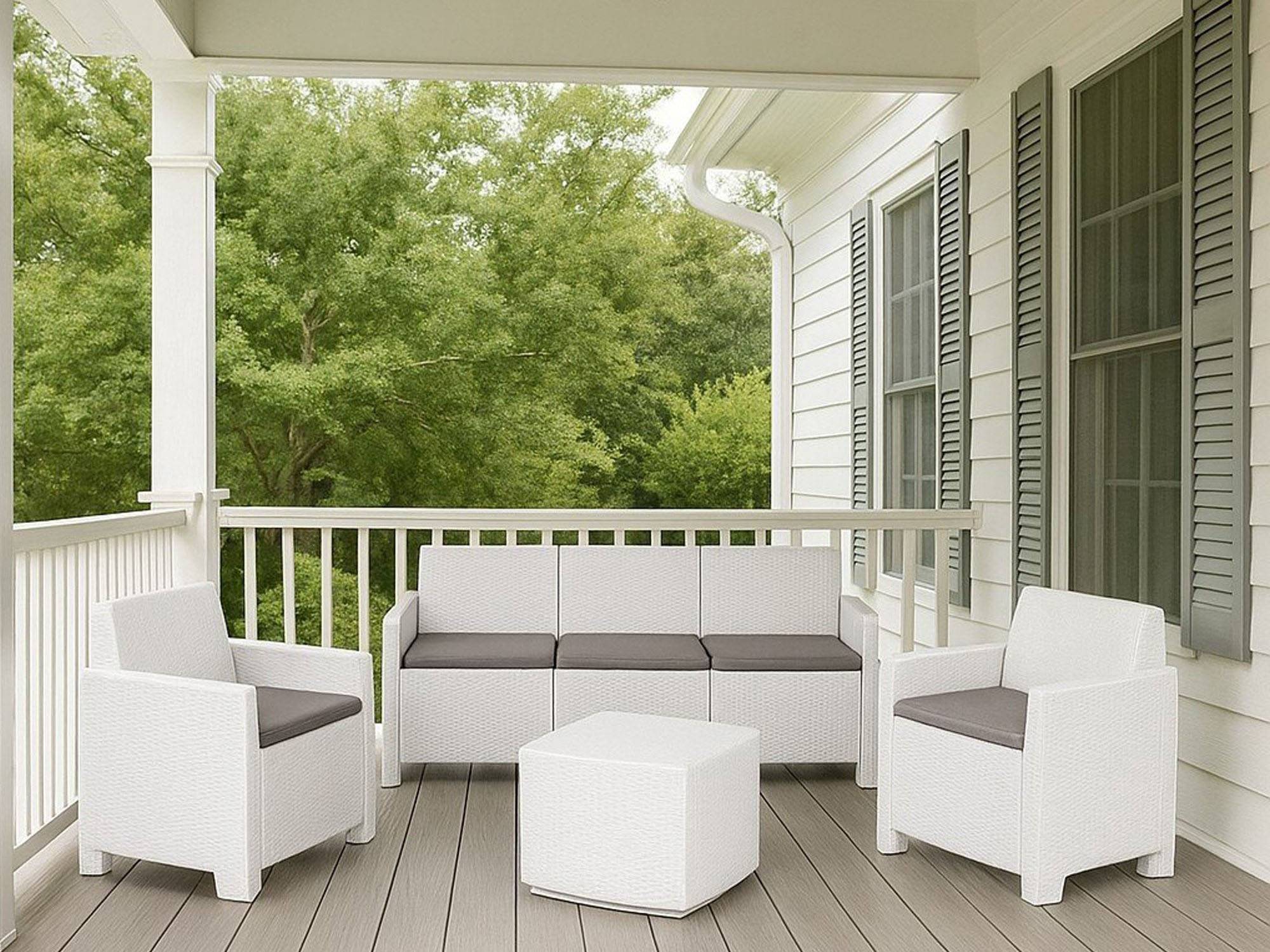 Dmora - Salon d'extérieur Dbellucc, Composition de jardin avec 2 fauteuils, 1 canapé et 1 table de rangement, Effet rotin avec coussins, Blanc - Dmora - Image 4