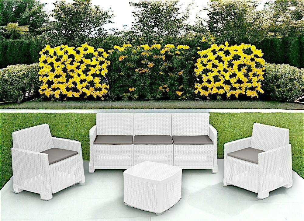 Dmora - Salon d'extérieur Dbellucc, Composition de jardin avec 2 fauteuils, 1 canapé et 1 table de rangement, Effet rotin avec coussins, Blanc - Dmora - Image 5