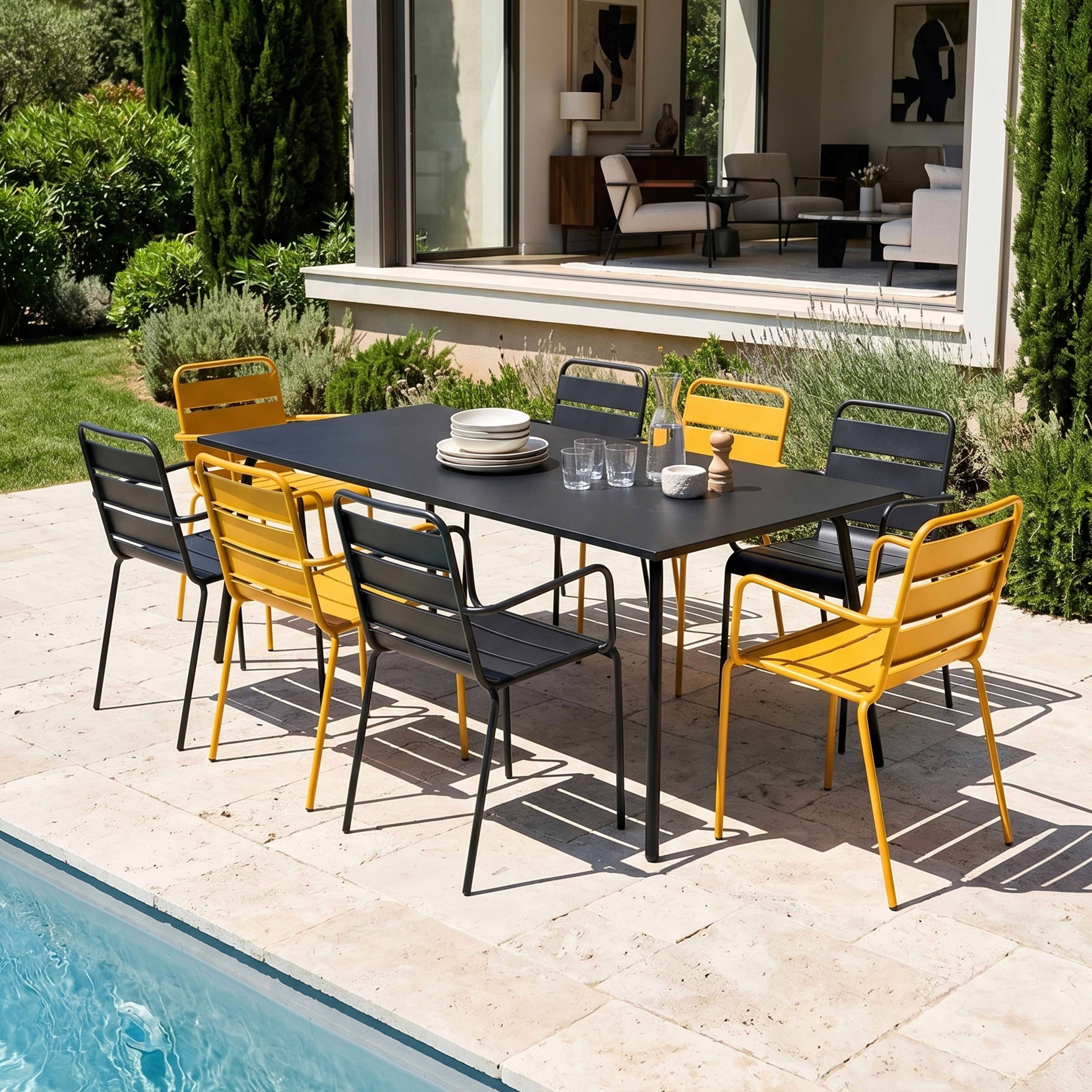 Oviala - Ensemble table de jardin et 8 fauteuils en métal jaune et gris Palavas - Oviala - Image 2