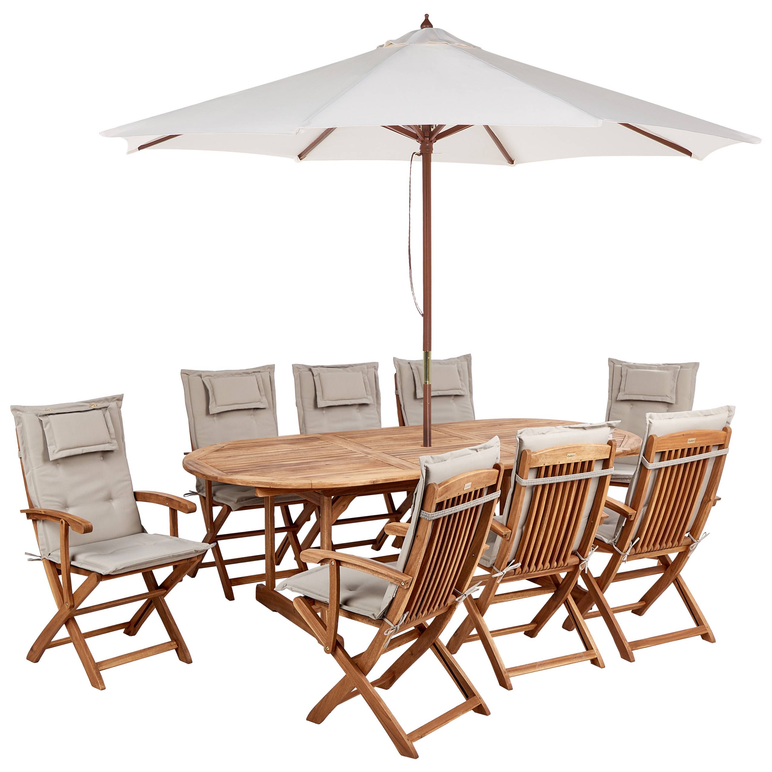 Beliani - Ensemble de Jardin avec Coussins Taupe en Bois d'Acacia Table et Chaises et Parasol 8 Places Style Rustique - Image 1