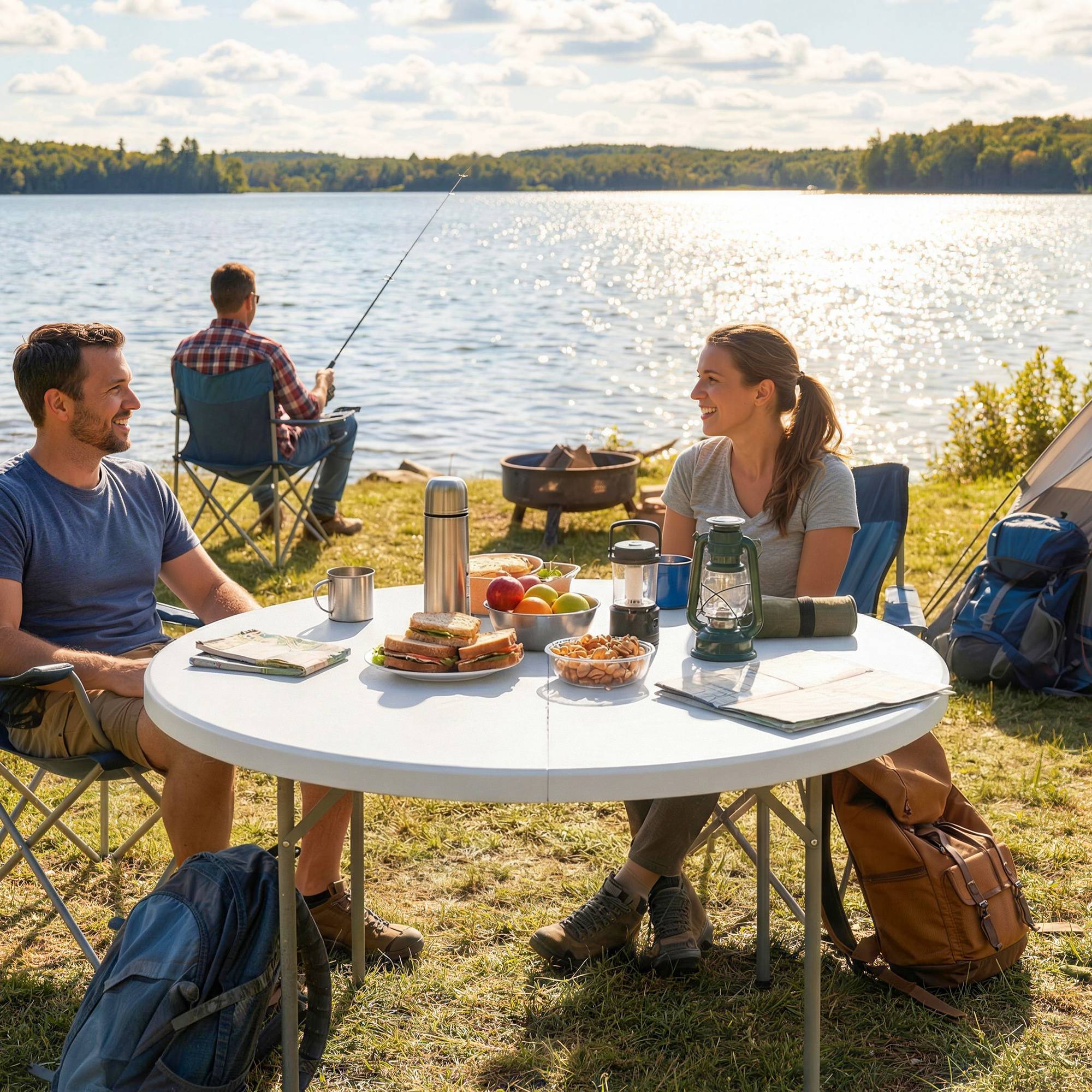 ComfortXL - Grande table pliante valise HDPE réception repas extérieur 120x120x74cm blanc - ComfortXL Outdoor Living - Image 9