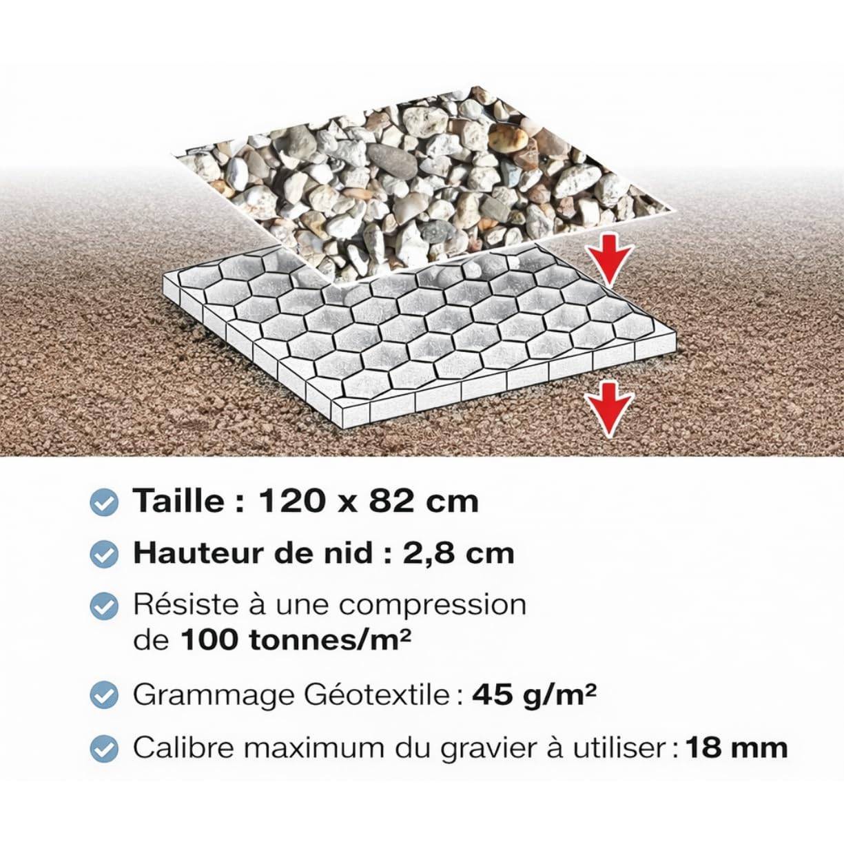 Jardibric - Jardibric - Dalle Stabilisatrice Gravier avec Géotextile - Structure Nid d’Abeille - 80 x 120 x 3 cm - Carrossable Allée et Stationnement - Image 4