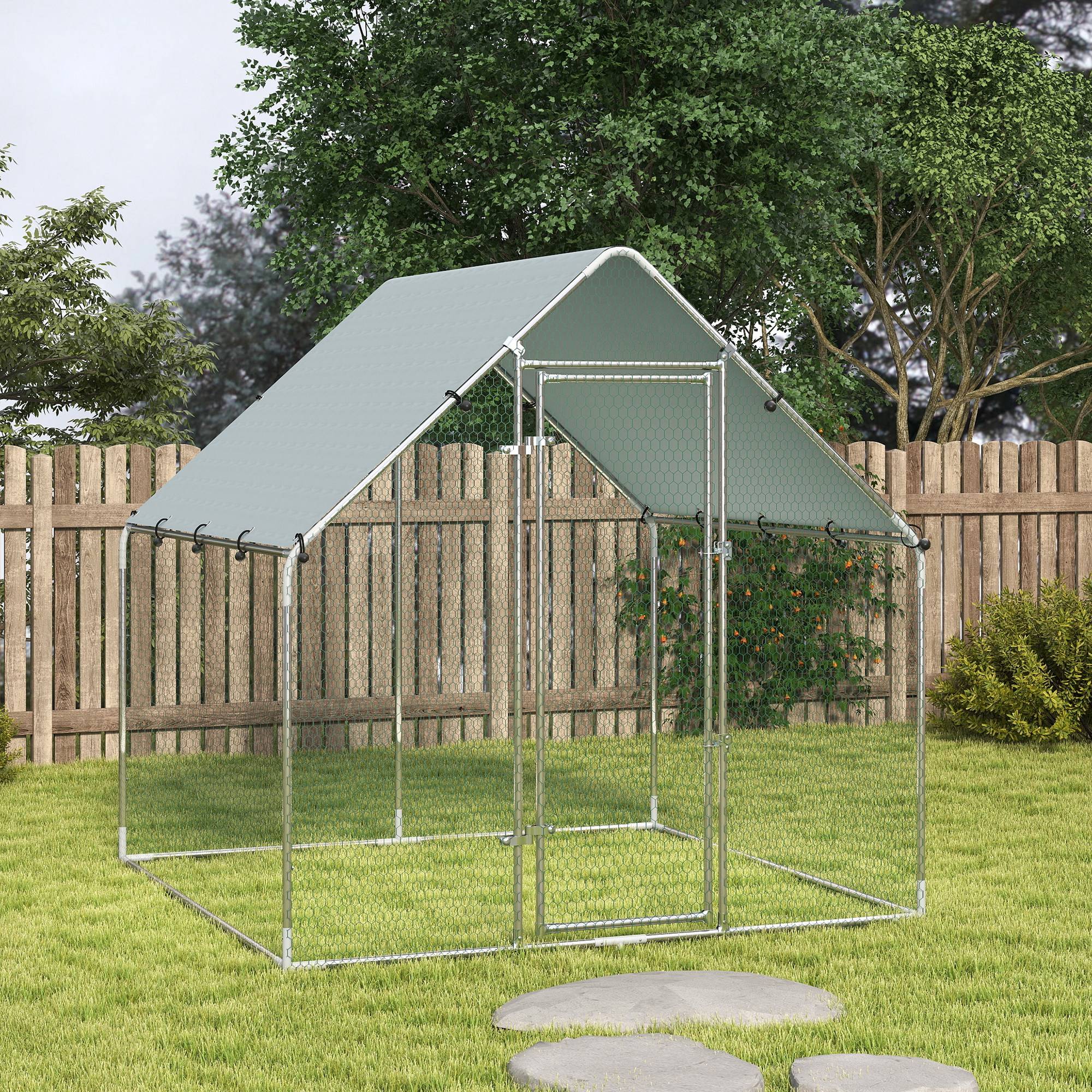 ComfortXL - Enclos poulailler acier galvanisé 2 x 2 x 2 m argent pour 4 à 6 poules avec toit anti-UV et double verrou - Image 9