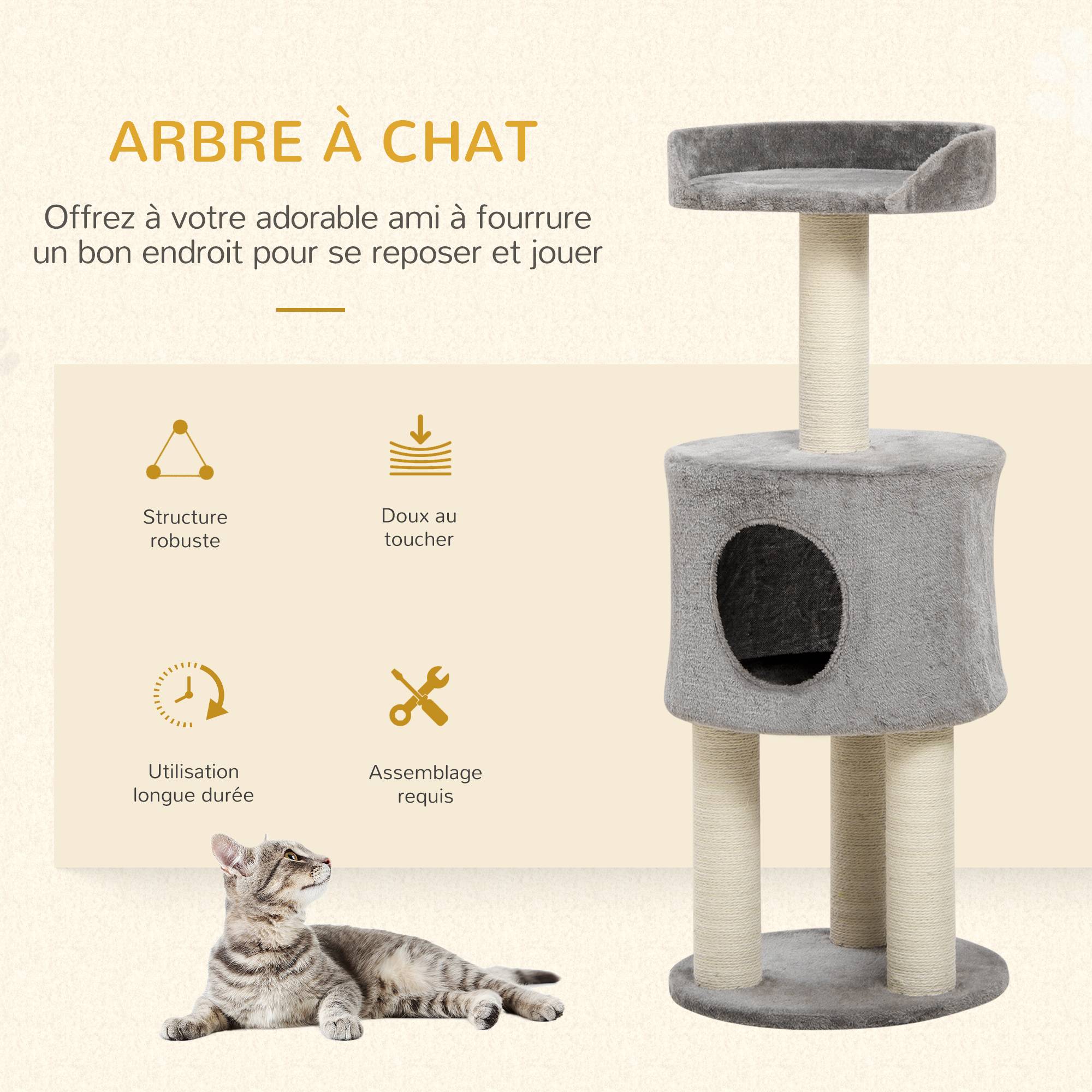Arbre à chat sisal et peluche gris 40 x 40 x 103 cm - PANGIVO - Image 6