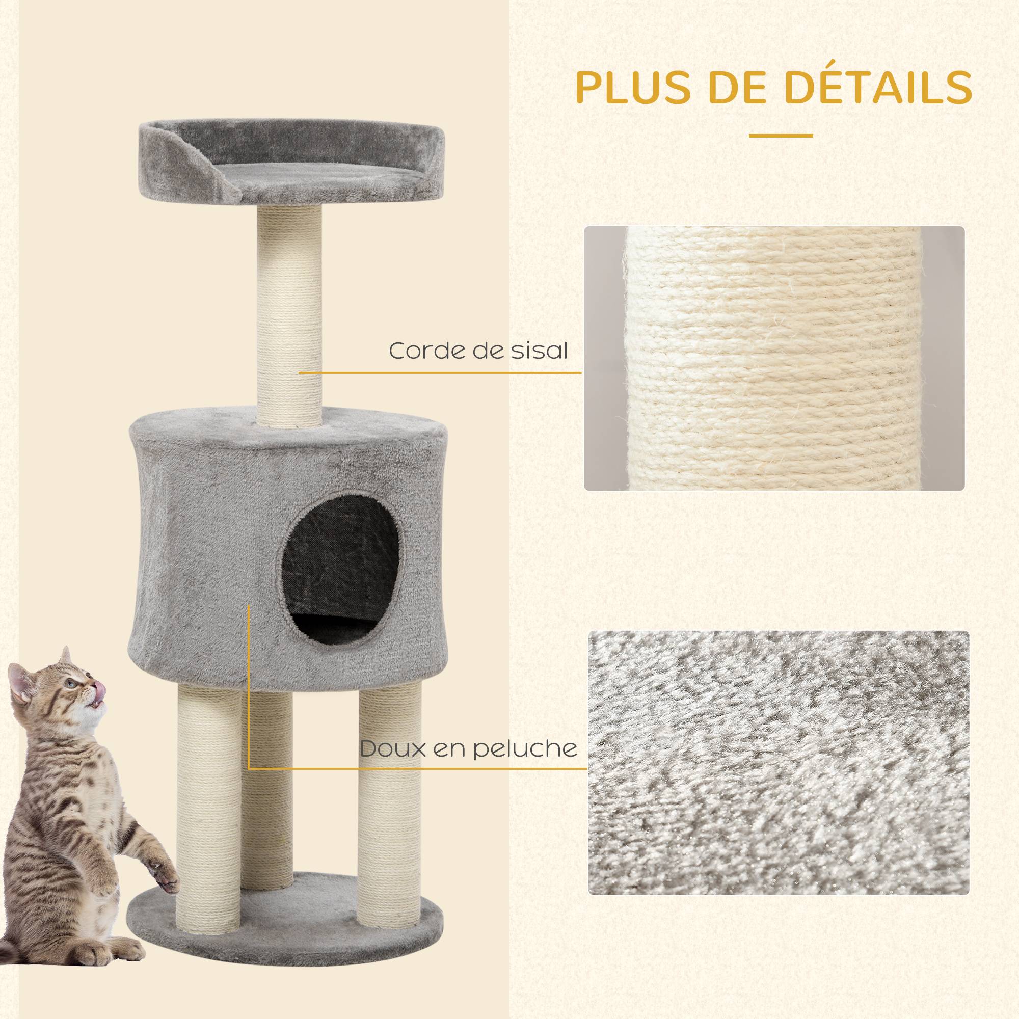 Arbre à chat sisal et peluche gris 40 x 40 x 103 cm - PANGIVO - Image 8