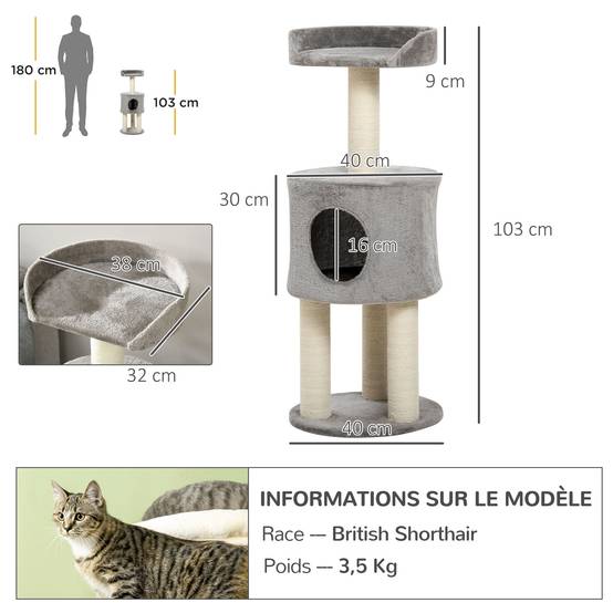 Arbre à chat sisal et peluche gris 40 x 40 x 103 cm - PANGIVO - Image 5