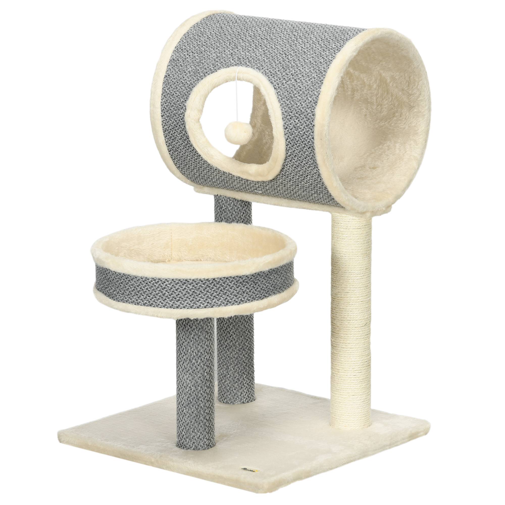 Pawhut - Arbre à chat style cosy chic griffoir sisal naturel plateforme tunnel jeu boule peluche courte aspect lin tressé gris - Image 1