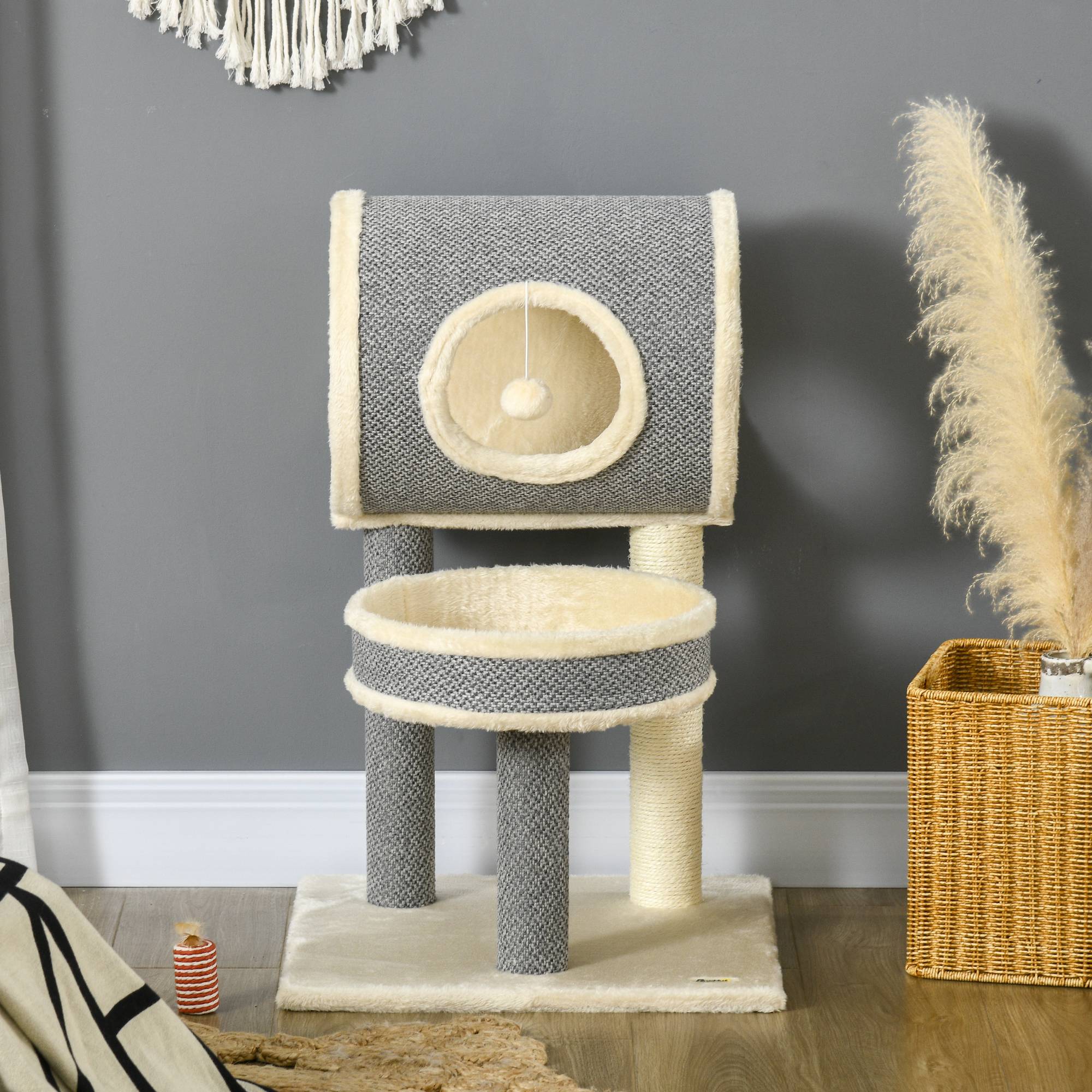 Pawhut - Arbre à chat style cosy chic griffoir sisal naturel plateforme tunnel jeu boule peluche courte aspect lin tressé gris - Image 4