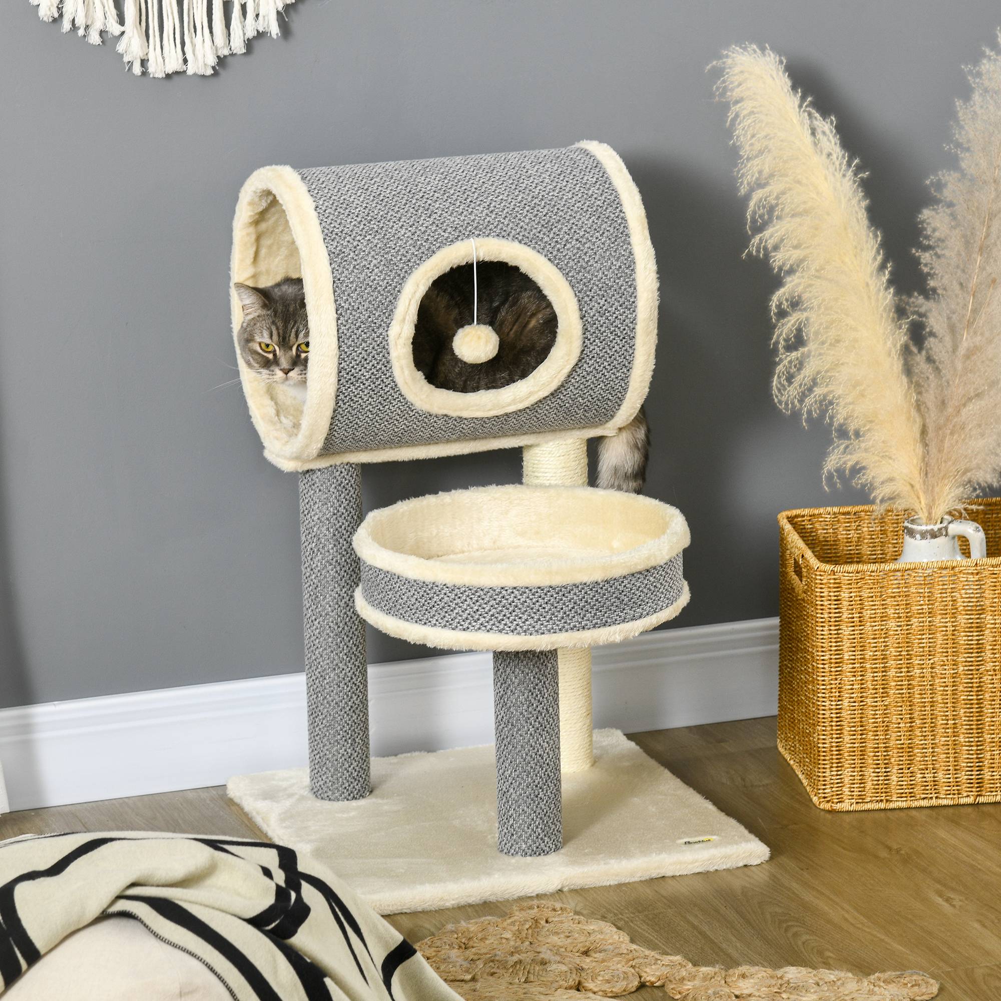 Pawhut - Arbre à chat style cosy chic griffoir sisal naturel plateforme tunnel jeu boule peluche courte aspect lin tressé gris - Image 2