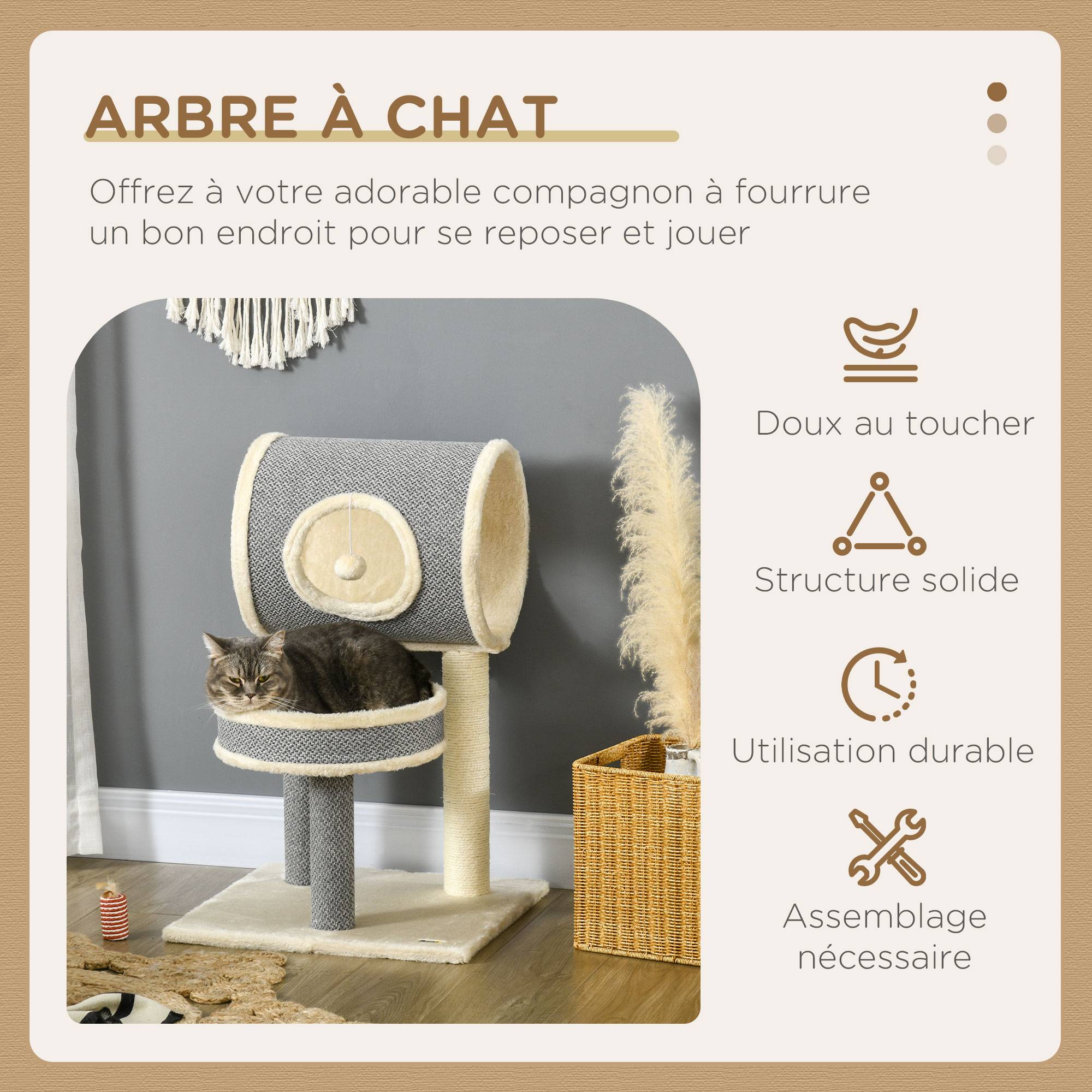 Pawhut - Arbre à chat style cosy chic griffoir sisal naturel plateforme tunnel jeu boule peluche courte aspect lin tressé gris - Image 7