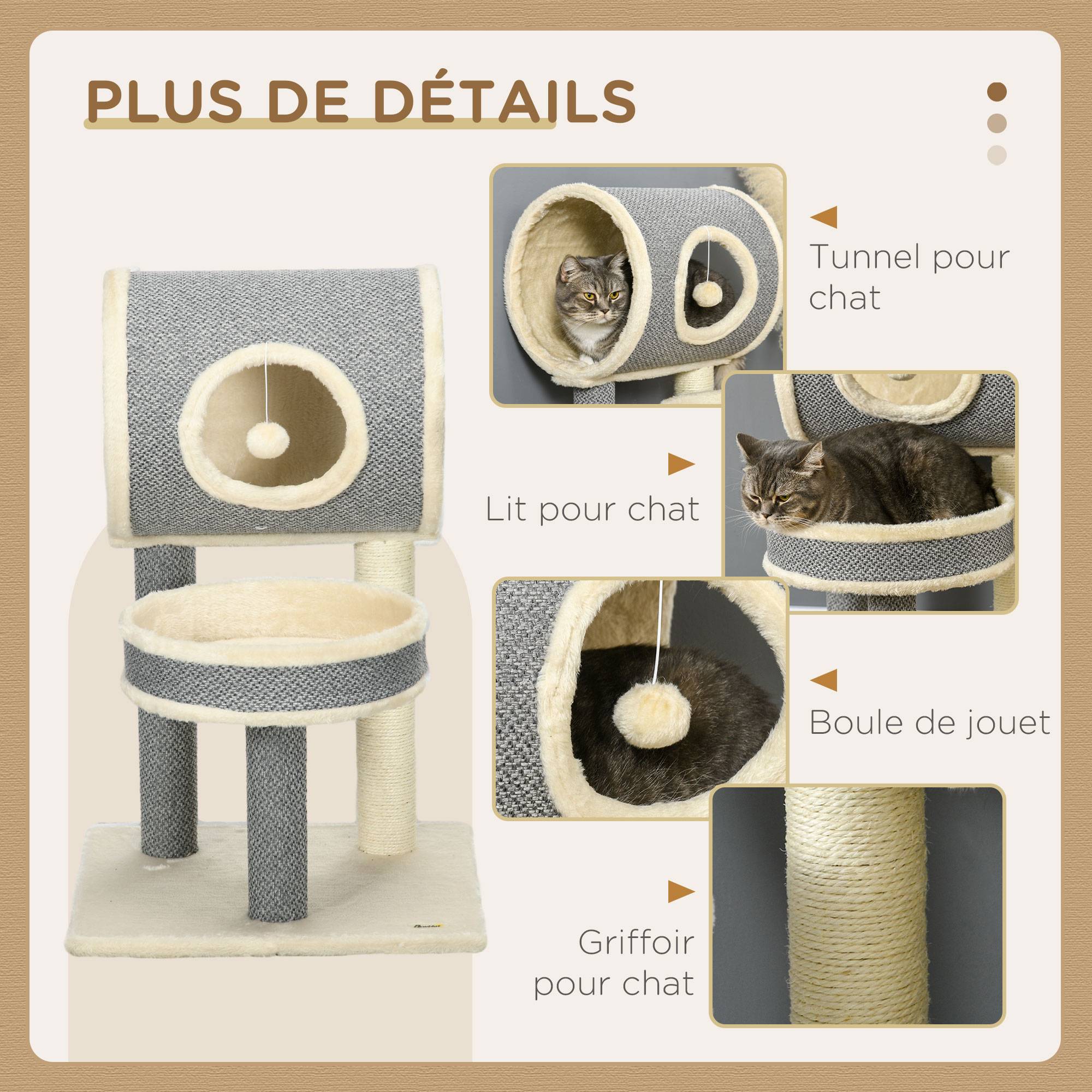 Pawhut - Arbre à chat style cosy chic griffoir sisal naturel plateforme tunnel jeu boule peluche courte aspect lin tressé gris - Image 5