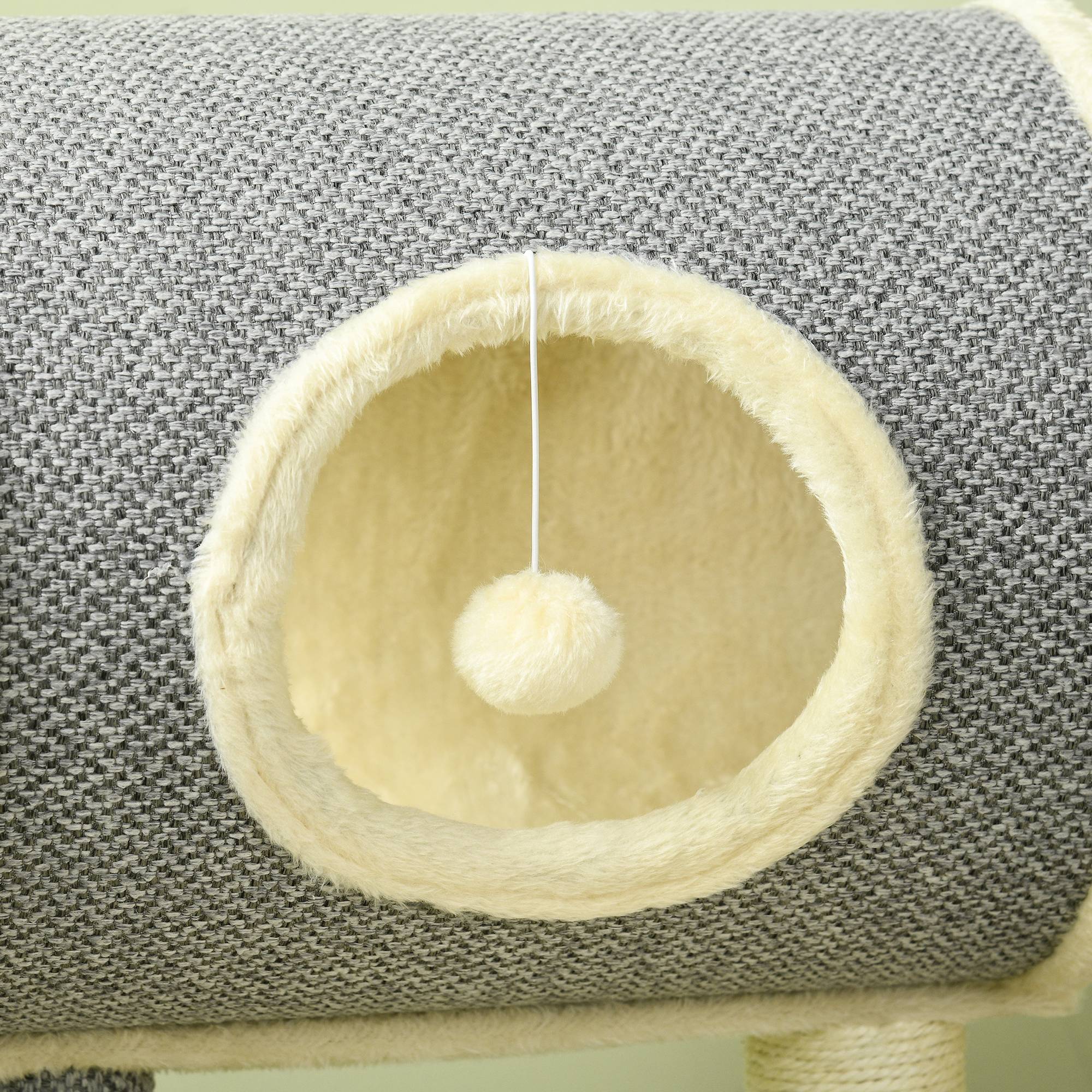 Pawhut - Arbre à chat style cosy chic griffoir sisal naturel plateforme tunnel jeu boule peluche courte aspect lin tressé gris - Image 8