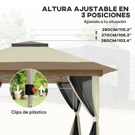 Tonnelle pliante 3,6 x 3,6 m avec parois en maille anti-UV50+, hauteur réglable, sac de transport à roulettes et sacs de lestage, couleur crème - Image 7