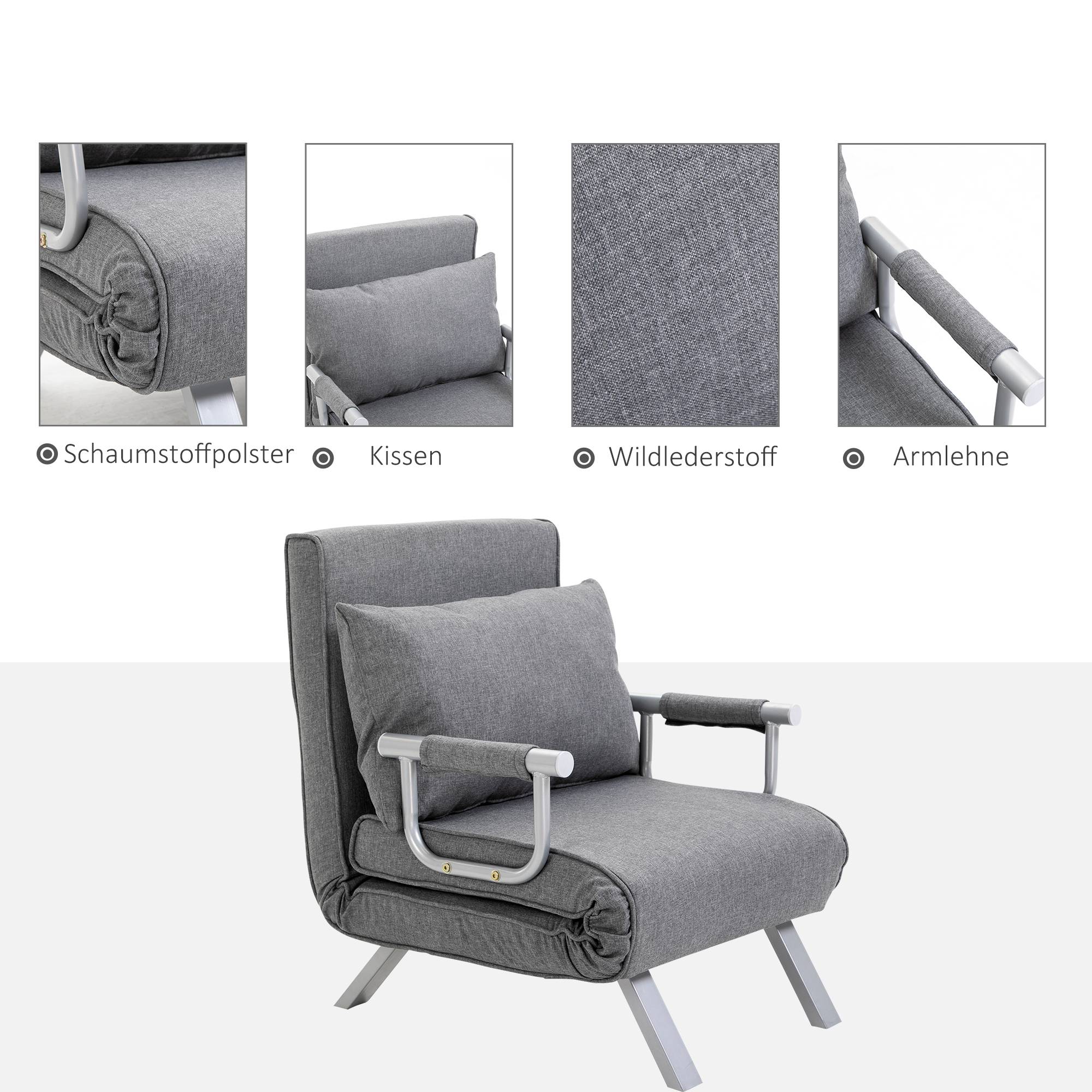 Fauteuil inclinable, chaise longue, fonction inclinable, lit d'appoint, 65 cm x 69 cm x 80 cm, gris - Image 8