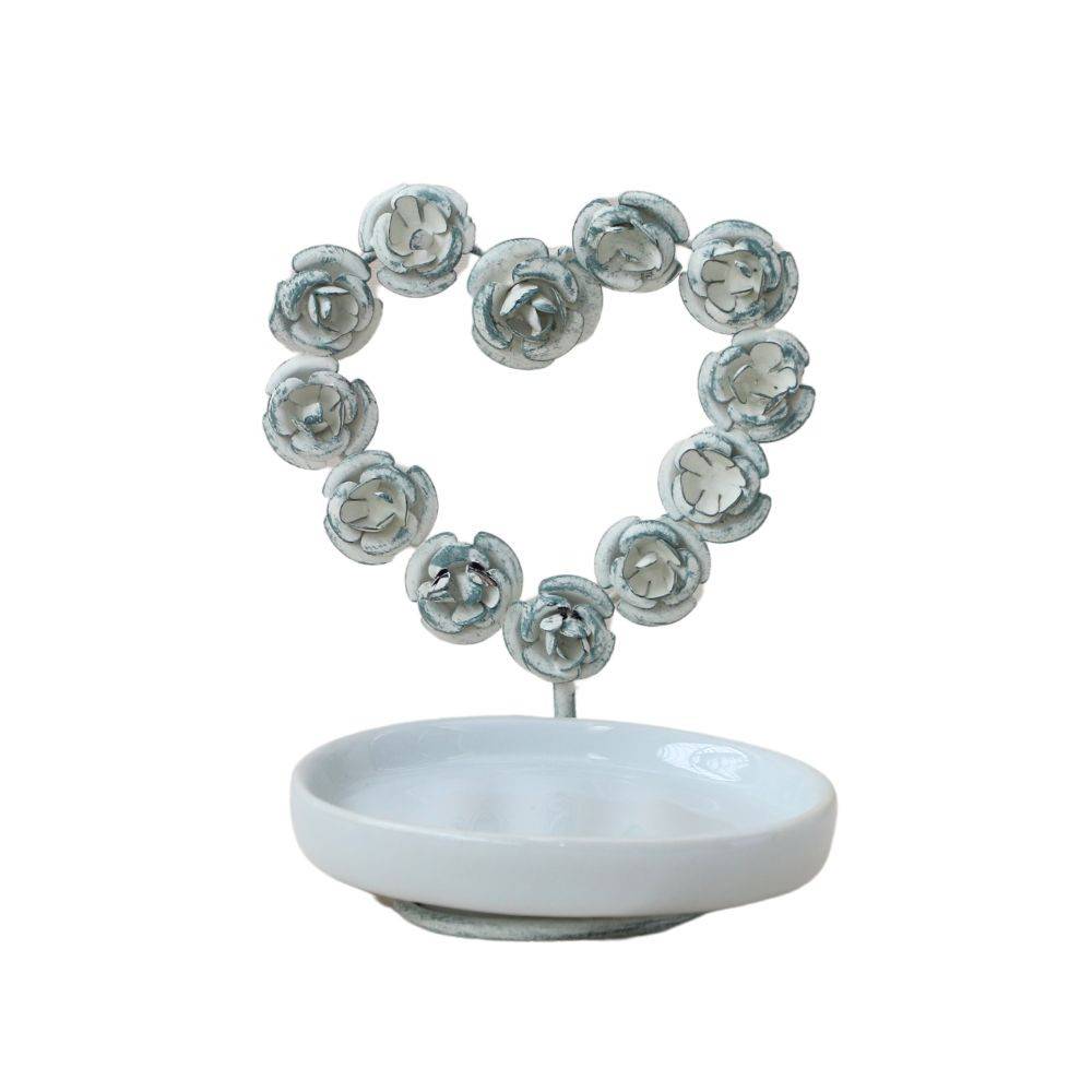 ~ Porte savon en forme de coeur en métal et porcelaine blanche Chemin de campagne