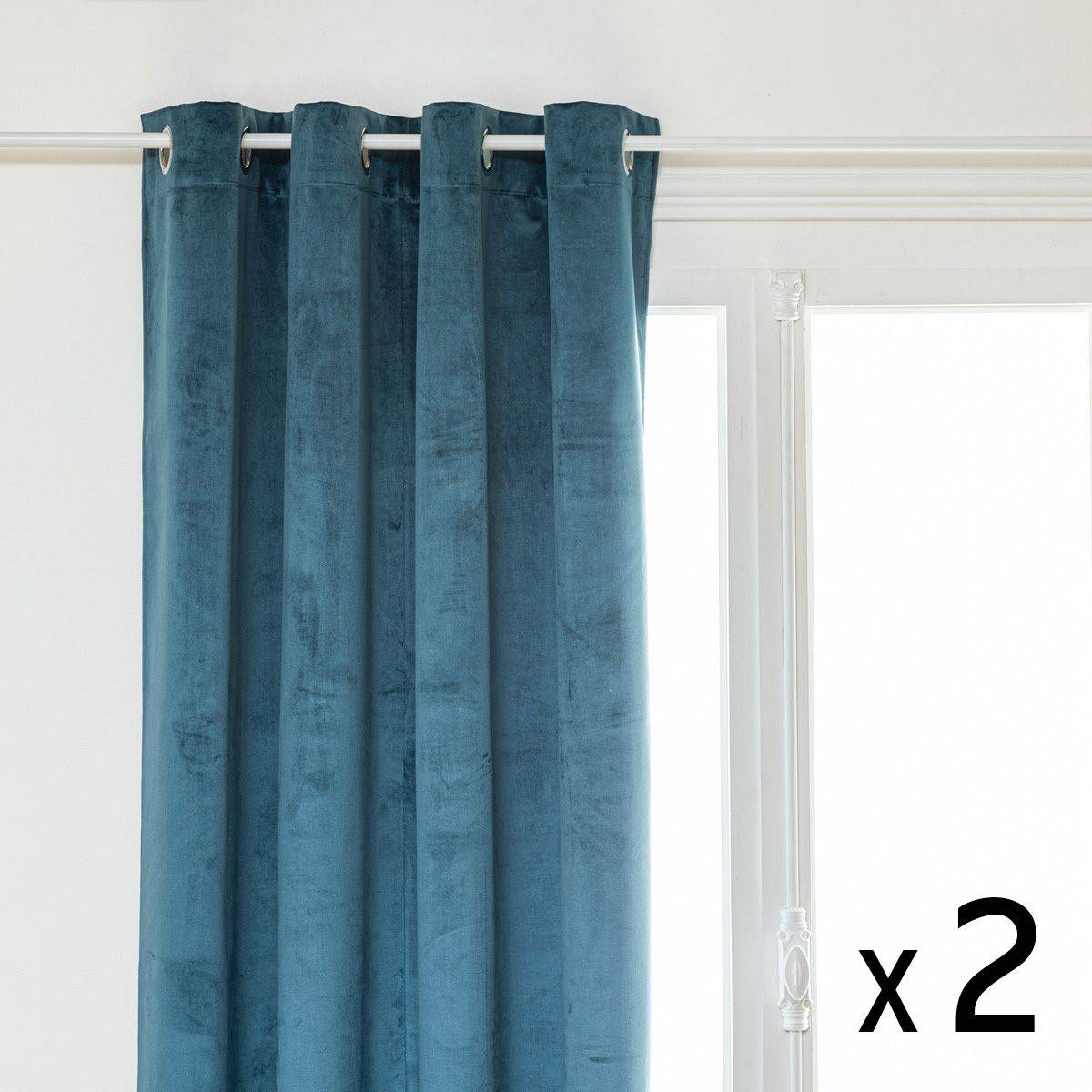 Atmosphera - Lot de 2 Rideaux à œillets Occultant Velours Bleu Egéen 140 x 260 cm - Image 1