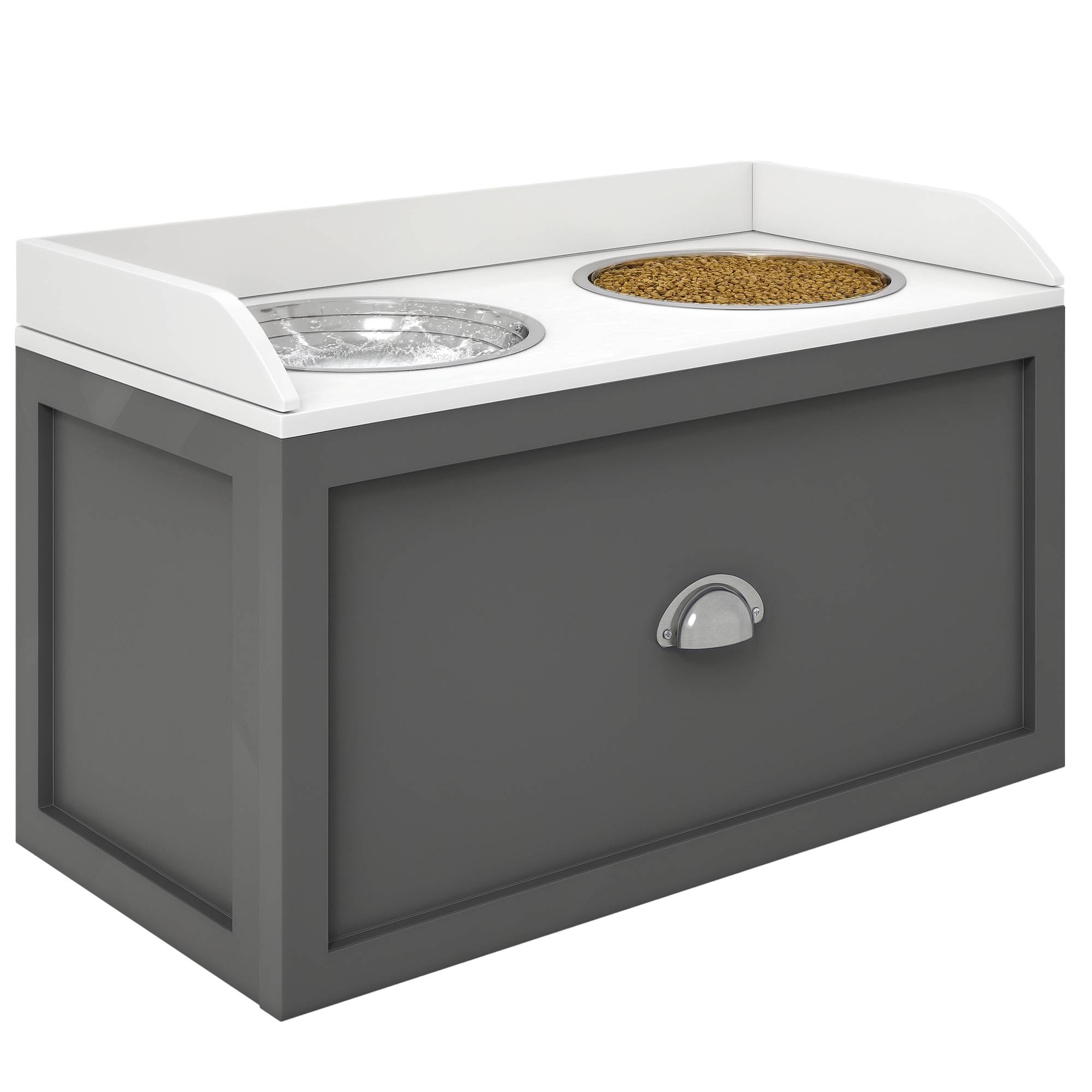 Sans Marque - Gamelle double chien chat surélevée rangement 2en1 tiroir 2 gamelles inox MDF blanc gris - Image 1